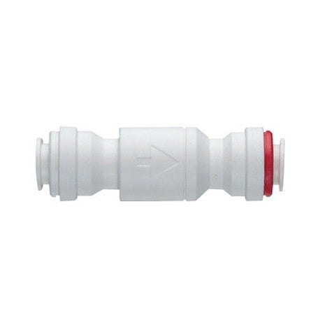John Guest 3/8" enkel tilbakeslagsventil (Tilbakeslagsventil) er en hvit plastventil med trykk-til-koblingskoblinger, pil for strømningsretning og en rød ring for pålitelig enveis strømningskontroll.