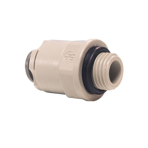 John Guest Straight Adaptor 5/16" x 1/4" BSP er en pneumatisk trykk-til-koblingskobling i beige plast med gjenget utvendig ende og O-ringstetning, fra John Guest-serien av næringsmiddelgodkjente hurtigkoblinger.