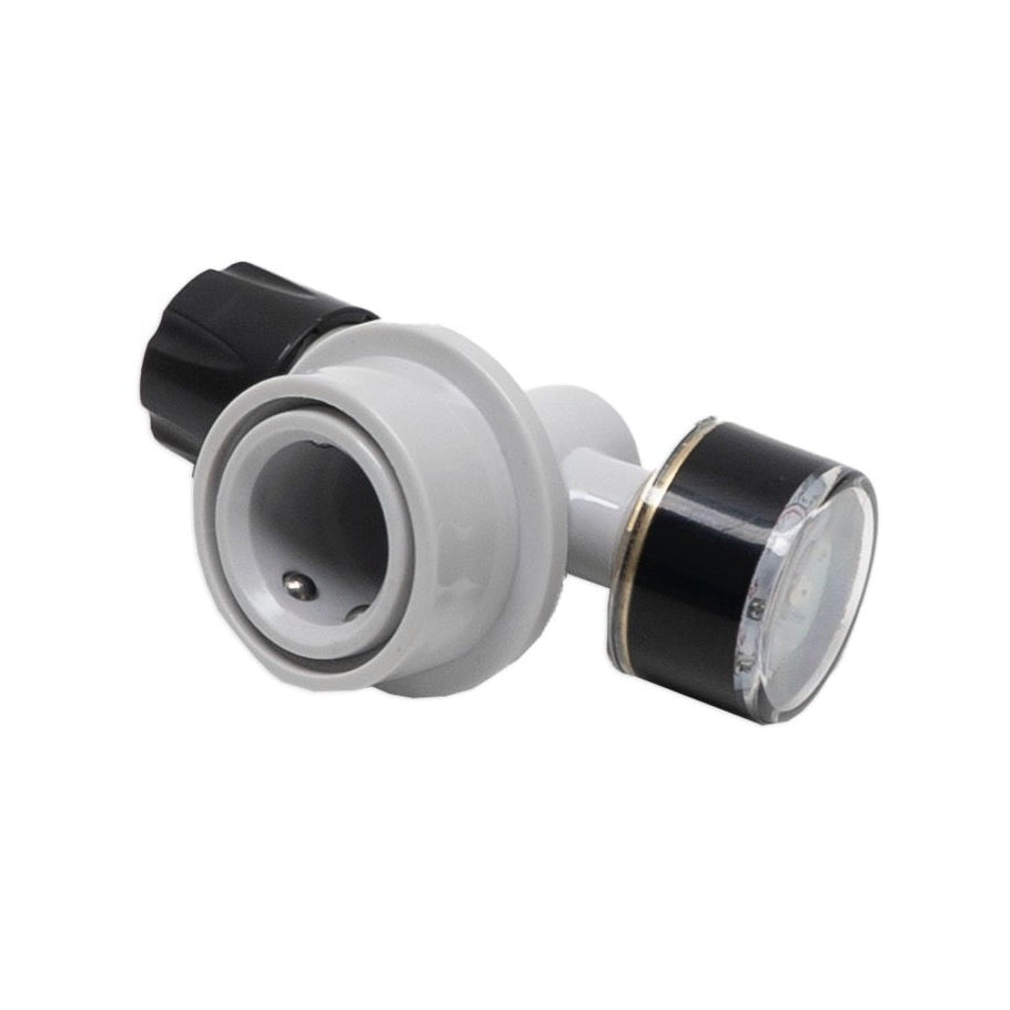 Keg King Spundy Compact Spunding Valve er en kulelåskobling i plast og metall med innebygd trykkmåler, ideell for hjemmebrygging eller tapping, og gir presis trykkregulering på Keg King-systemer.