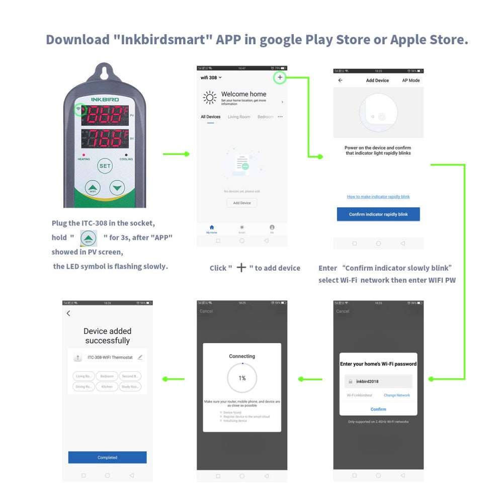 Trinn-for-trinn-veiledning med skjermbilder for tilkobling av Inkbird WIFI ITC-308 Dual Temperatur Kontroller til WiFi via Inkbirdsmart-appen - ideell for hjemmebryggere som ønsker enkel smarttelefonkontroll.