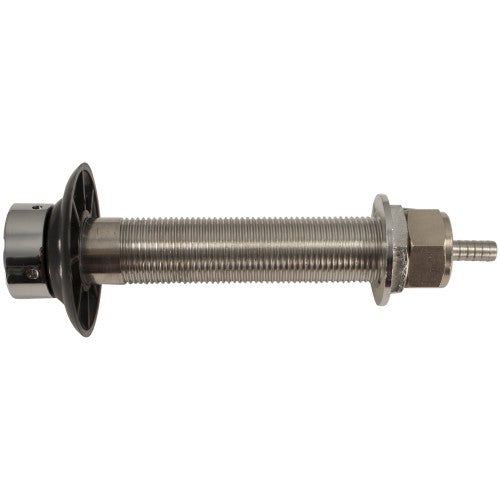 Brewshop Lang gjennomføring 11,5 cm med nippel er et metallrør med svart flens og sekskantmutter, ideelt for bruk som gjennomføring eller med en John Guest-adapter i rørlegger- og maskinvareoppsett.