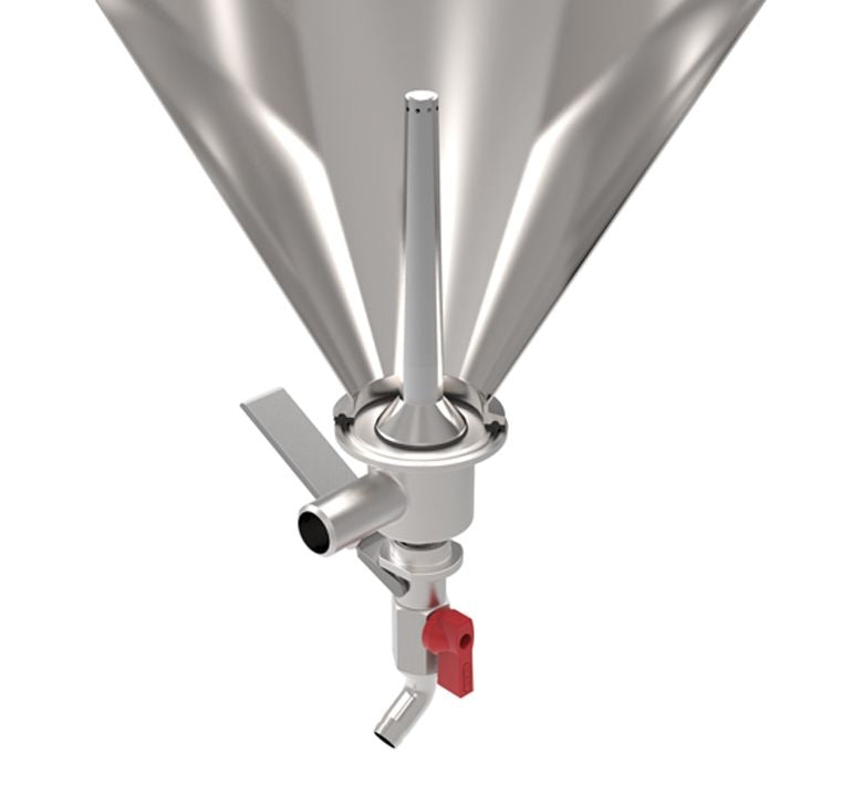 Grainfather GF30 Conical Fermenter Pro er en konisk gjæringstank i rustfritt stål med ventil, tut og rød strømningsspak - perfekt for bruk med Grainfather for presis temperaturkontroll.