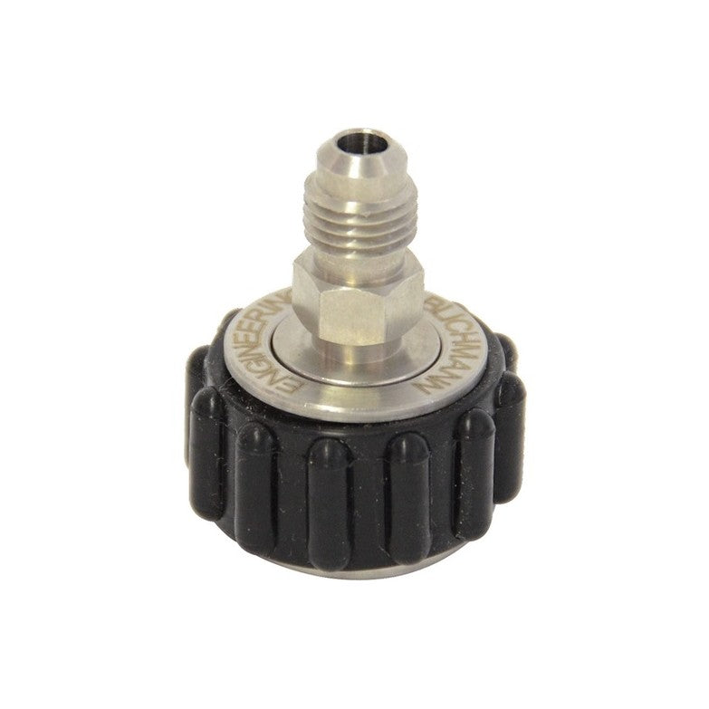 Blichmann QuickConnector - 1/4" MFL er en gjenget ventiladapter i metall og plast med svart, riflet grep og sekskantmutter, vist mot en hvit bakgrunn. Merkevare: Blichmann.