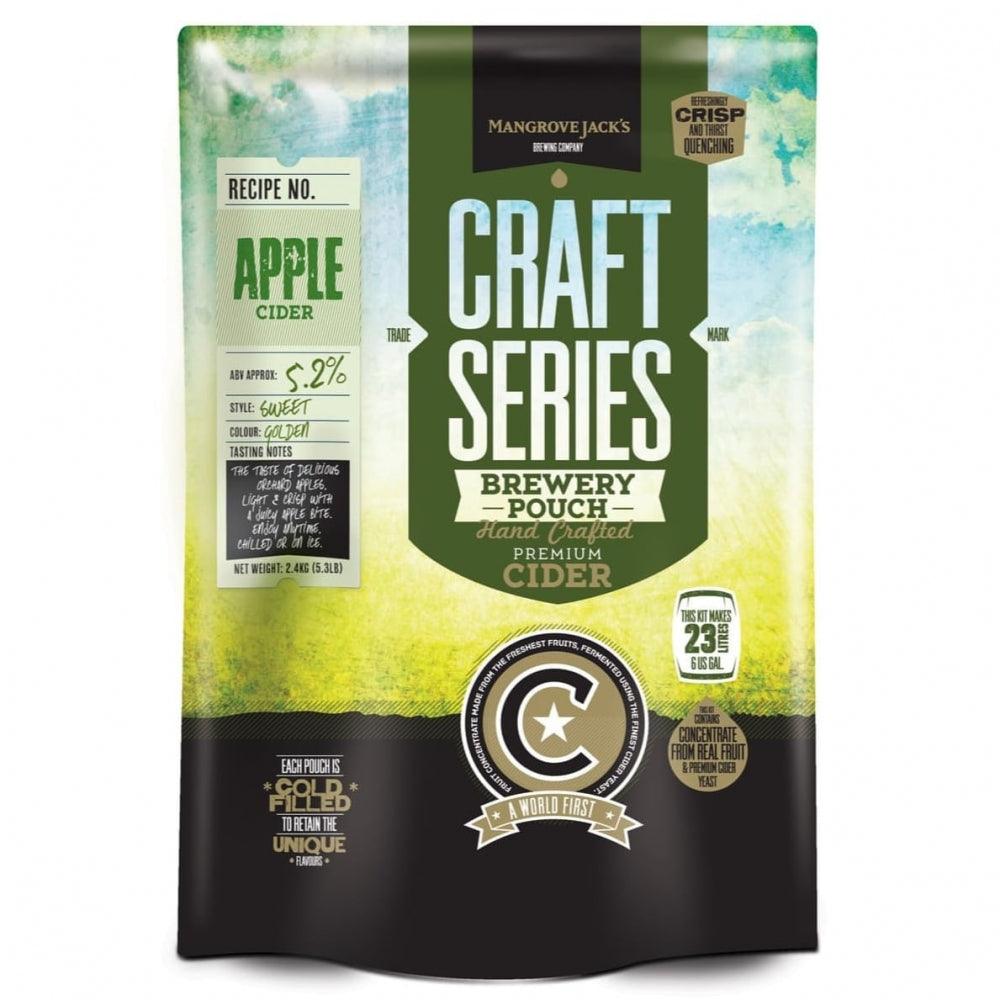 En pose med Mangrove Jacks Craft Series Apple Cider ekstraktsett - 2,4 kg med produktdetaljer trykt på forsiden, ideell for bruk som cider ekstraktsett eller sammen med en ciderforsterker.