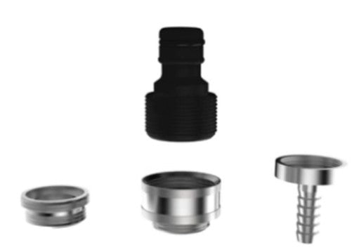 Grainfather G30 & G70 Tap Adapter Set fra Grainfather inneholder fire metallbeslag - ett svart på toppen og tre sølvfargede på undersiden, for eksempel en slangenippel og en slangeadapter med pigg - ideelt for ulike behov for hageslangekobling.