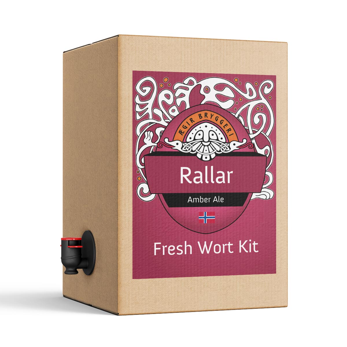 En pappeske merket Ægir Rallar Amber Ale - 20L Fresh Wort Kit fra Ægir, dekorert med grafikk og med en praktisk tappekran på siden.