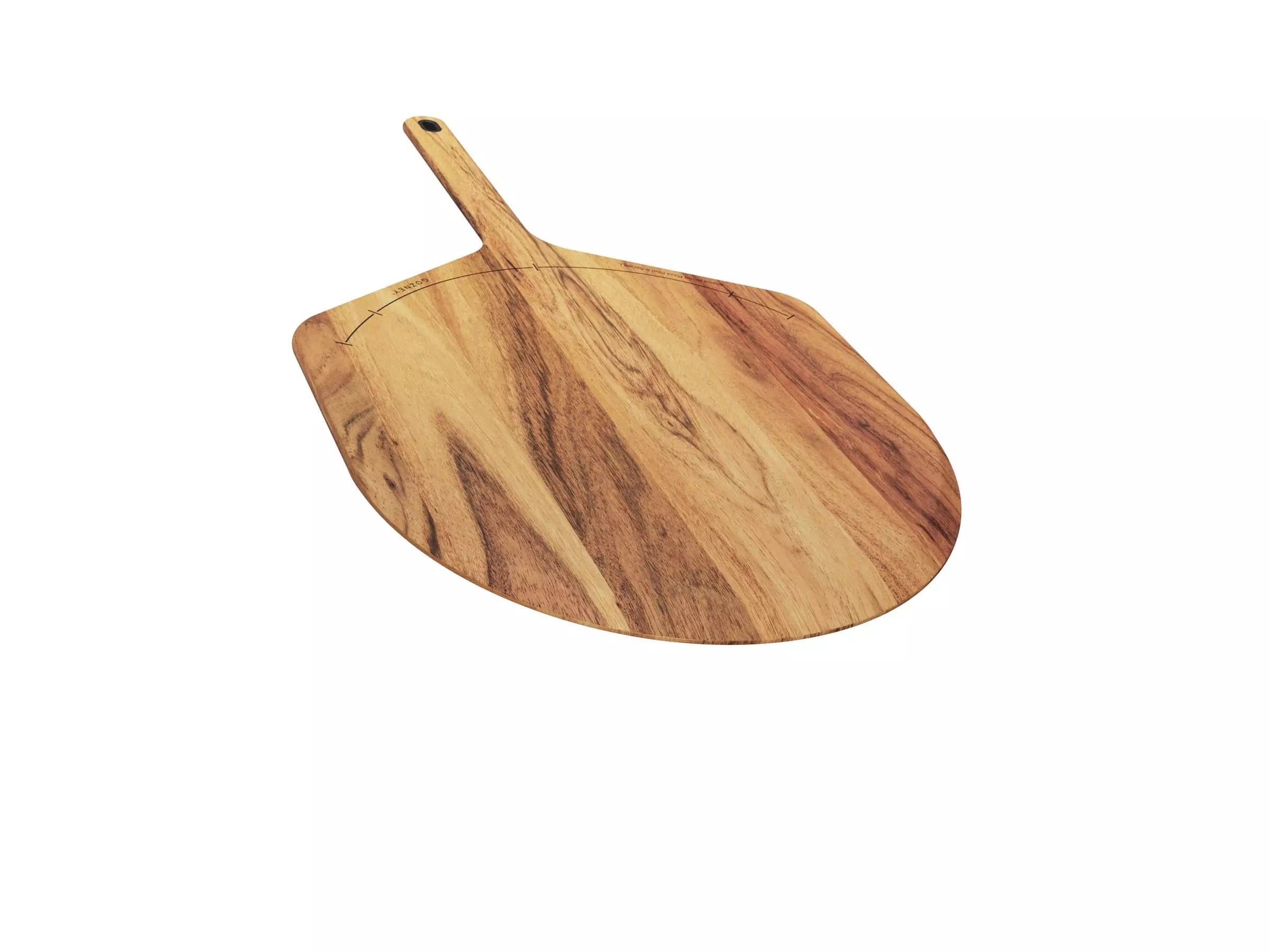 Gozney Acacia Wood Pizza Peel & Server, 14" Large, er en robust pizzaspade av akasietre med naturlig åremønster og et robust håndtak. Den er perfekt til pizzaservering, har FSC-sertifisert akasietre og er vist på en hvit bakgrunn.