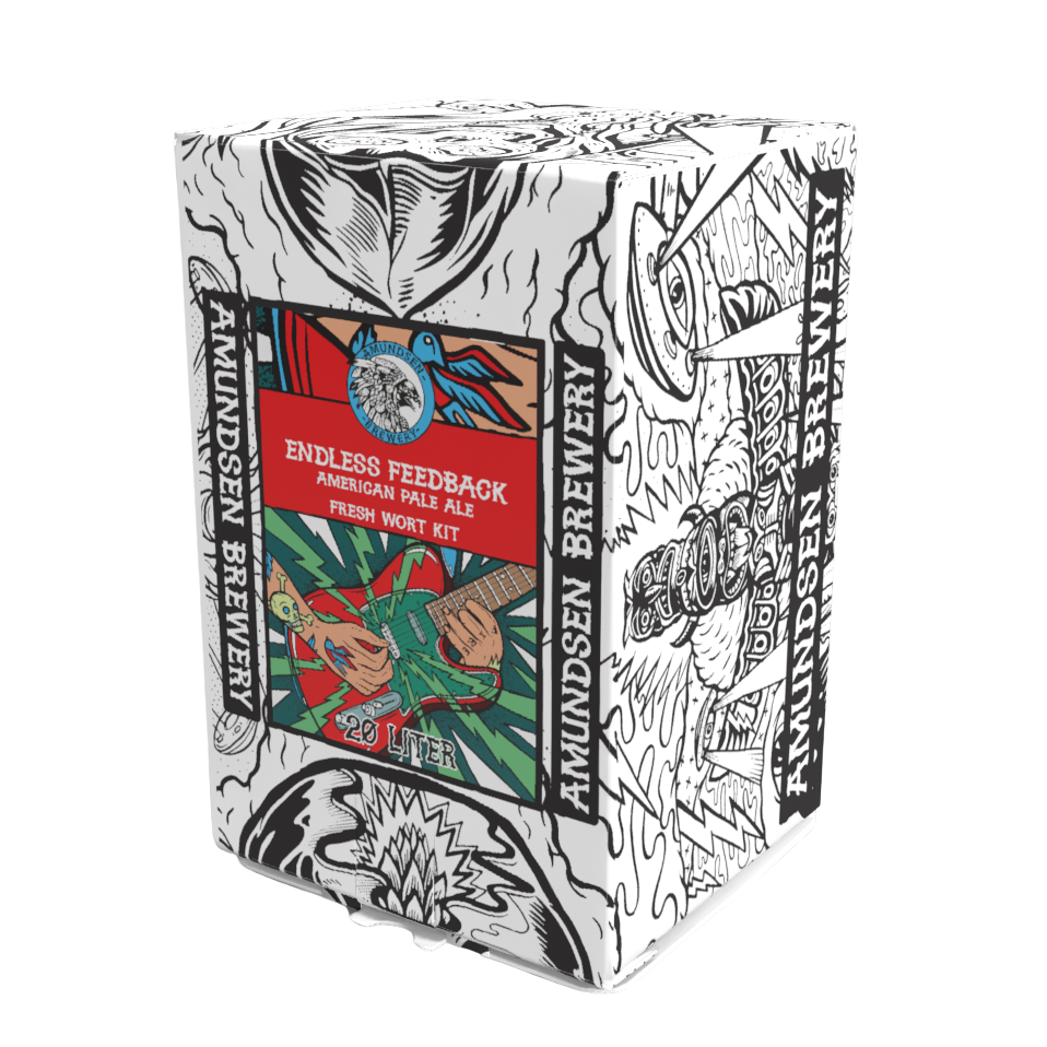 Amundsen Endless Feedback American Pale Ale – 20L Fresh Wort Kit-esken har iøynefallende illustrasjoner i svart-hvitt.