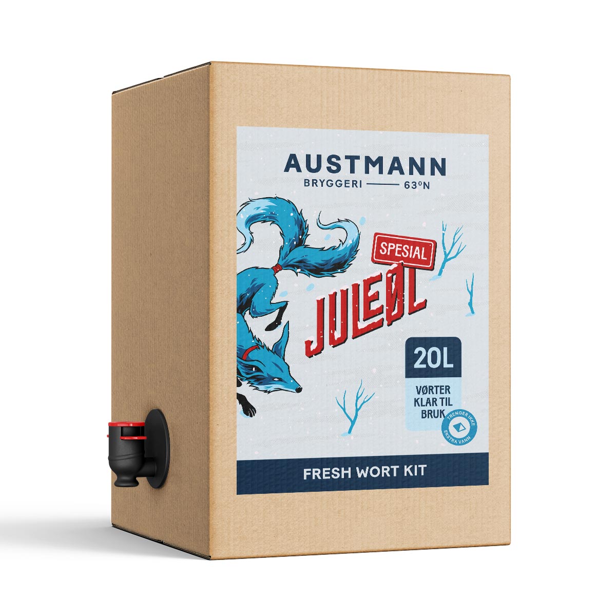 Austmann Juleøl Spesial - 20L Fresh Wort Kit fra Austmann kommer i en pappeske med blårevmotiv og svart tappekran - perfekt for hjemmebrygging av juleøl.
