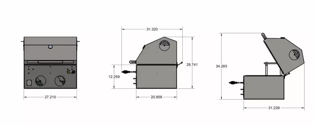 Teknisk tegning av B24 Rustfritt stål innebygd kullgrill fra M Grills viser merkede tommemål fra front-, side- og vinkelvisning. Funksjoner som justerbar kullrist er uthevet for denne rustfritt stål kullgrillen.