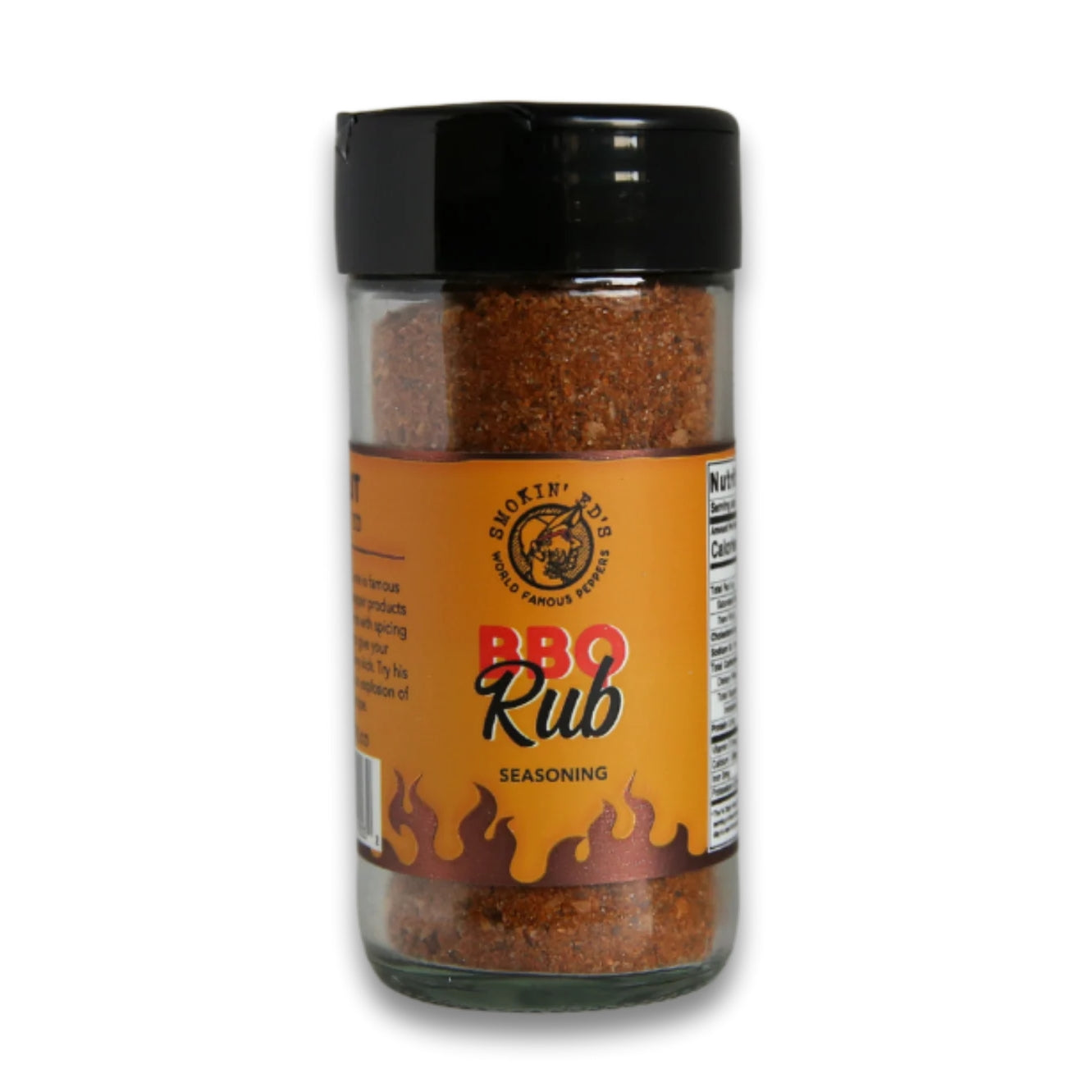 En gjennomsiktig plastflaske med svart lokk, merket med flammer og "Smokin' Ed's BBQ Rub Seasoning" fra PuckerButt Pepper Company - den perfekte grillkrydderen for fet, røykfylt smak.
