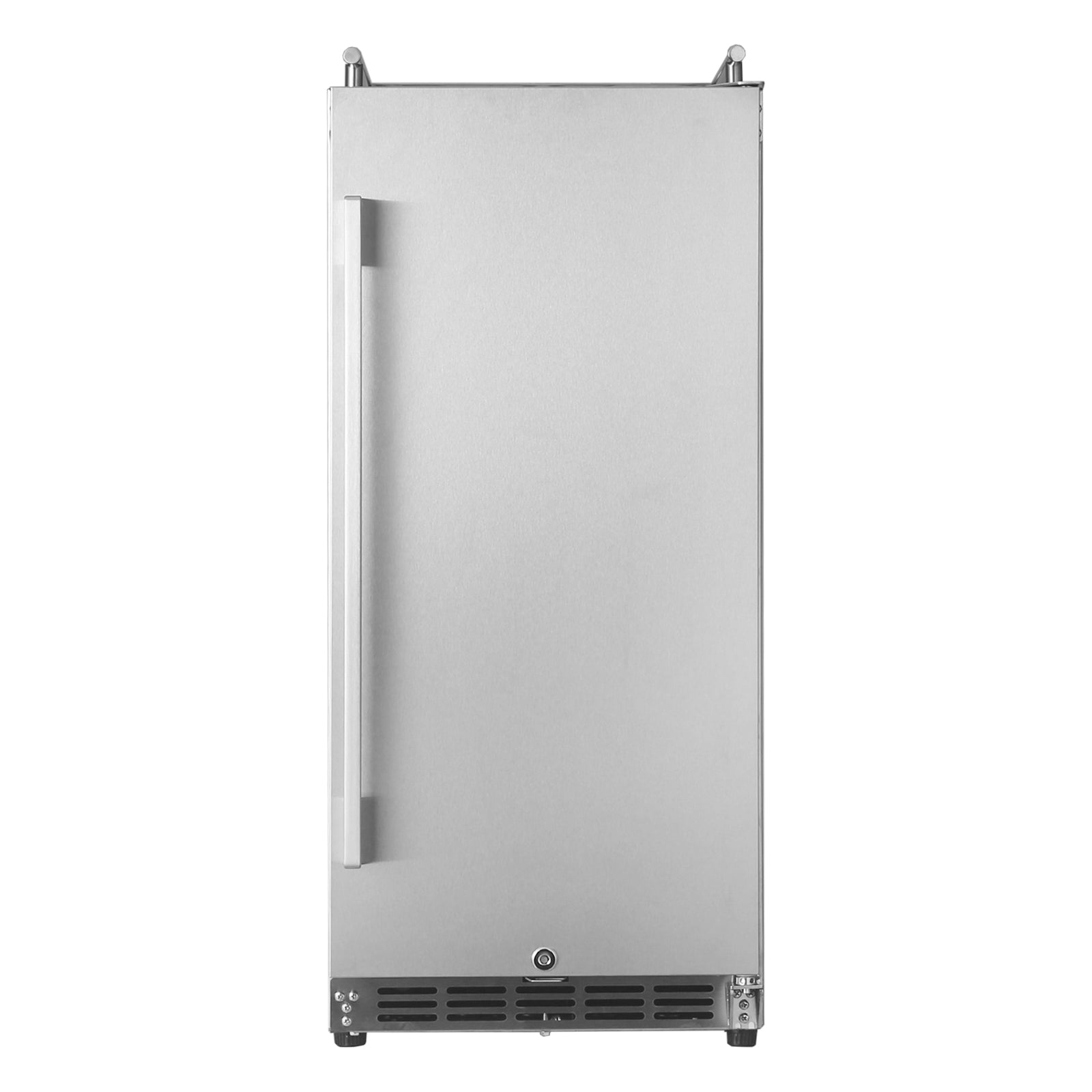 HCK Kegerator Slim Line 15" - Kun kjøleskap i rustfritt stål, med vertikalt håndtak og ventilasjonspanel i bunnen, sett forfra.