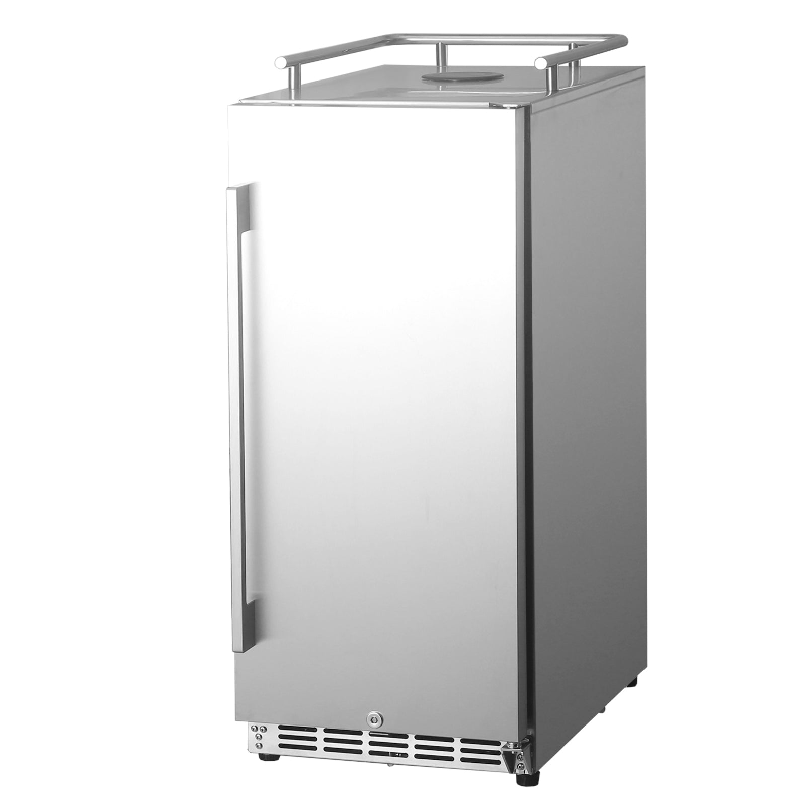 HCK Kegerator Slim Line 15" - Kun kjøleskap vises på en hvit bakgrunn, med rustfritt stål, et oppreist design med et vertikalt håndtak og et ventilert panel i bunnen, som ligner på en slim line kegerator.