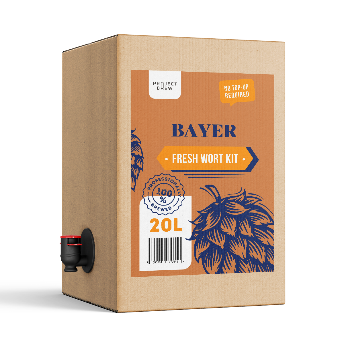 Bayer - 20L Fresh Wort Kit har en tappekran nederst til venstre og illustrert humle på esken - ideelt for hjemmebryggingsfans som er ivrige etter å brygge autentisk Münchener Dunkel hjemme.