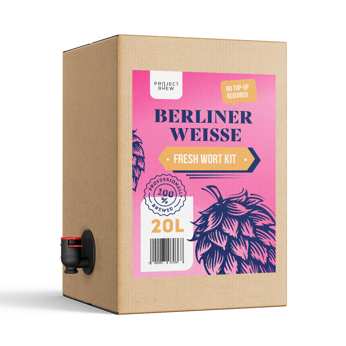Et 20 liters Berliner Weisse – fersk vørtesett i en pappeske, komplett med tut og dekorert med rosa og lilla etiketter med humlegrafikk og bryggeanvisninger – perfekt for å lage din egen friske Berliner Weisse hjemme, med mulighet for å tilsette bringebærpuré for en deilig bærvariant.