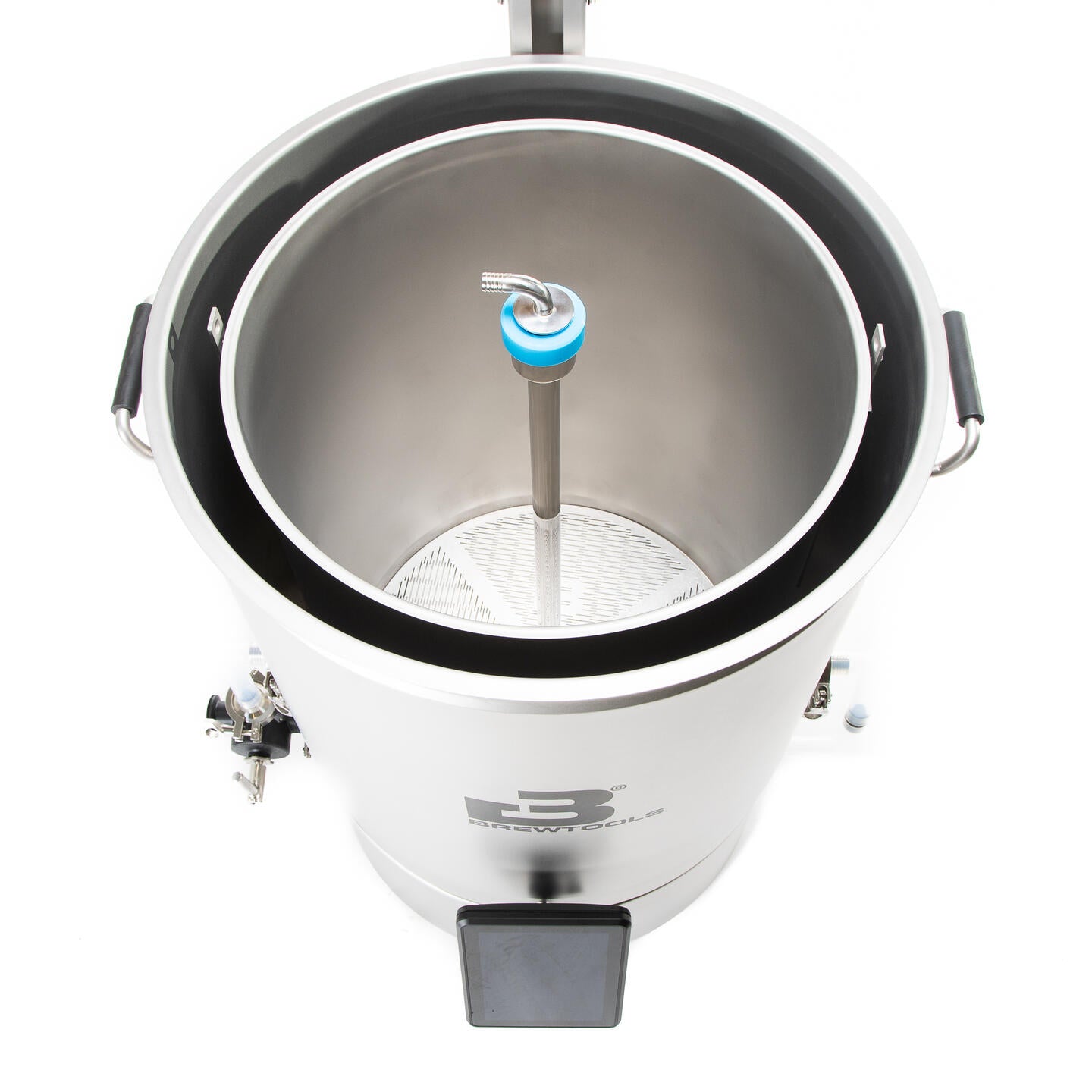 Et bilde sett ovenfra av Brewtools B100 bryggesystem 2x230 V 6 kW | Bryggemaskin viser den 100 liter store kjelen i rustfritt stål med innvendig falsk bunn, tappekran, håndtak og et sentralt rør med en blå kobling.