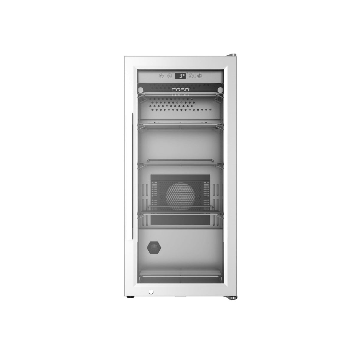 En kompakt vinkjøler i rustfritt stål med glassdør, digitalt display og tre synlige hyller – perfekt utformet for å passe sammen med hvitevarer som Caso DryAged Master 63 tørrmodningsskap, og skape et harmonisk og elegant kjøkken.