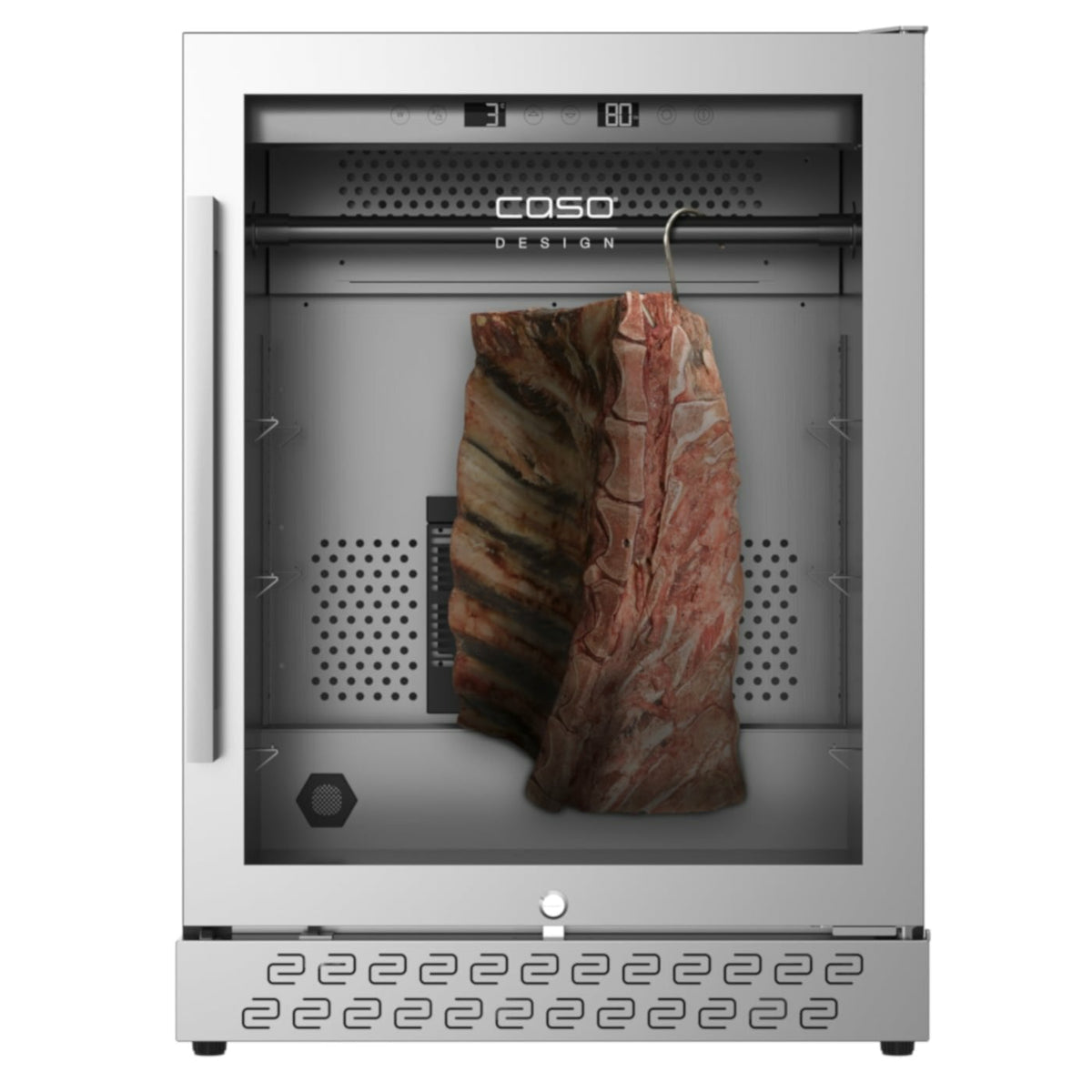 Et stort stykke rå okse-ribbe henger inne i et Caso DryAged Master 125 tørrmodningsskap med glassdør, og viser det ideelle miljøet for tørrmodning av førsteklasses kjøtt.
