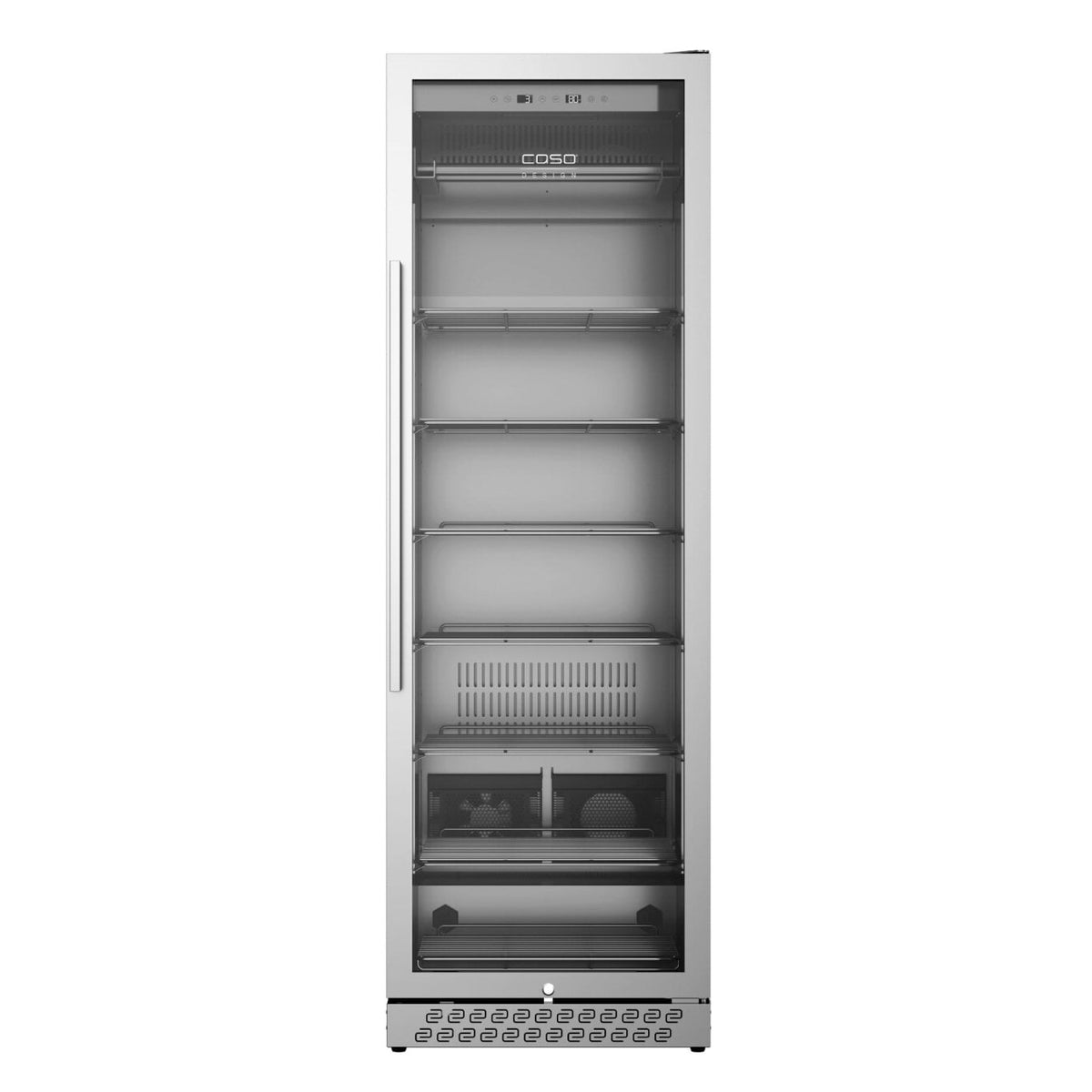 Caso DryAged Master 380 Pro tørrmodningsskap 380L er et høyt tørrmodningsskap i rustfritt stål med glassdør, flere hyller og betjeningsknapper langs den nedre delen av frontpanelet – her vist tomt og perfekt for tørrmodning av kjøtt til perfeksjon.
