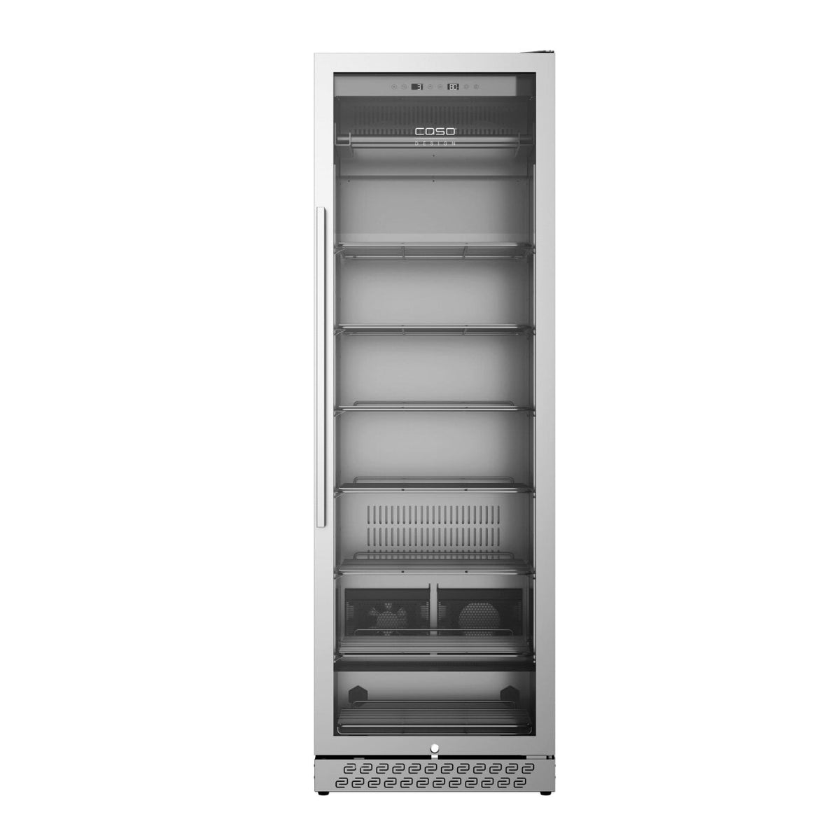Caso DryAged Master 380 Pro tørrmodningsskap 380L er et høyt tørrmodningsskap i rustfritt stål med glassdør, flere hyller og betjeningsknapper langs den nedre delen av frontpanelet – her vist tomt og perfekt for tørrmodning av kjøtt til perfeksjon.