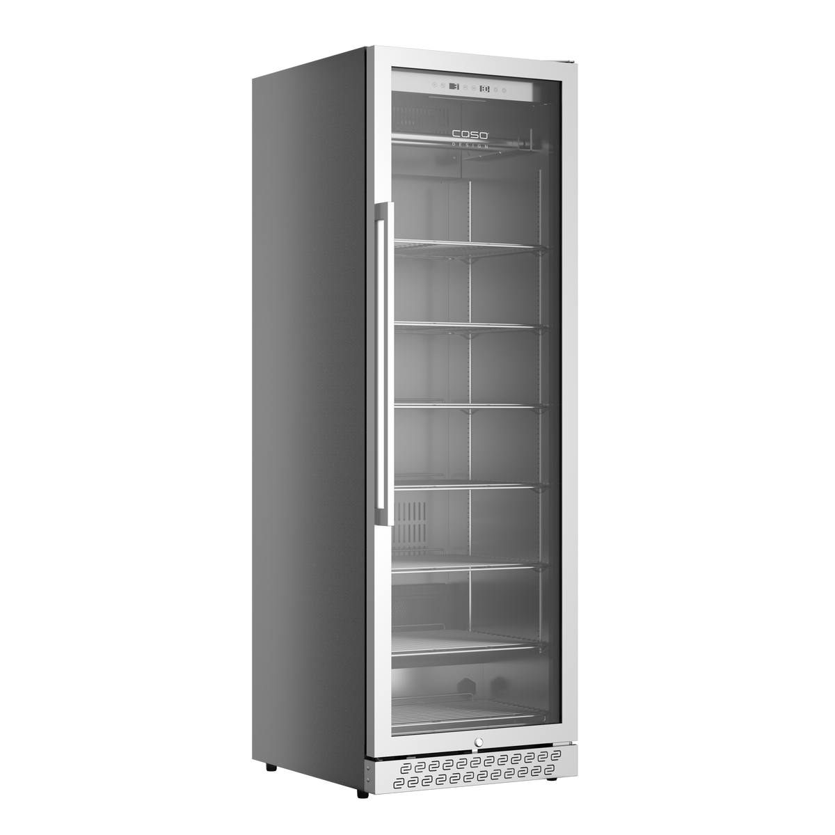 Caso DryAged Master 380 Pro tørrmodningsskap 380L er et høyt tørrmodningsskap i rustfritt stål med glassdør og flere hyller, avbildet stående på en hvit bakgrunn.