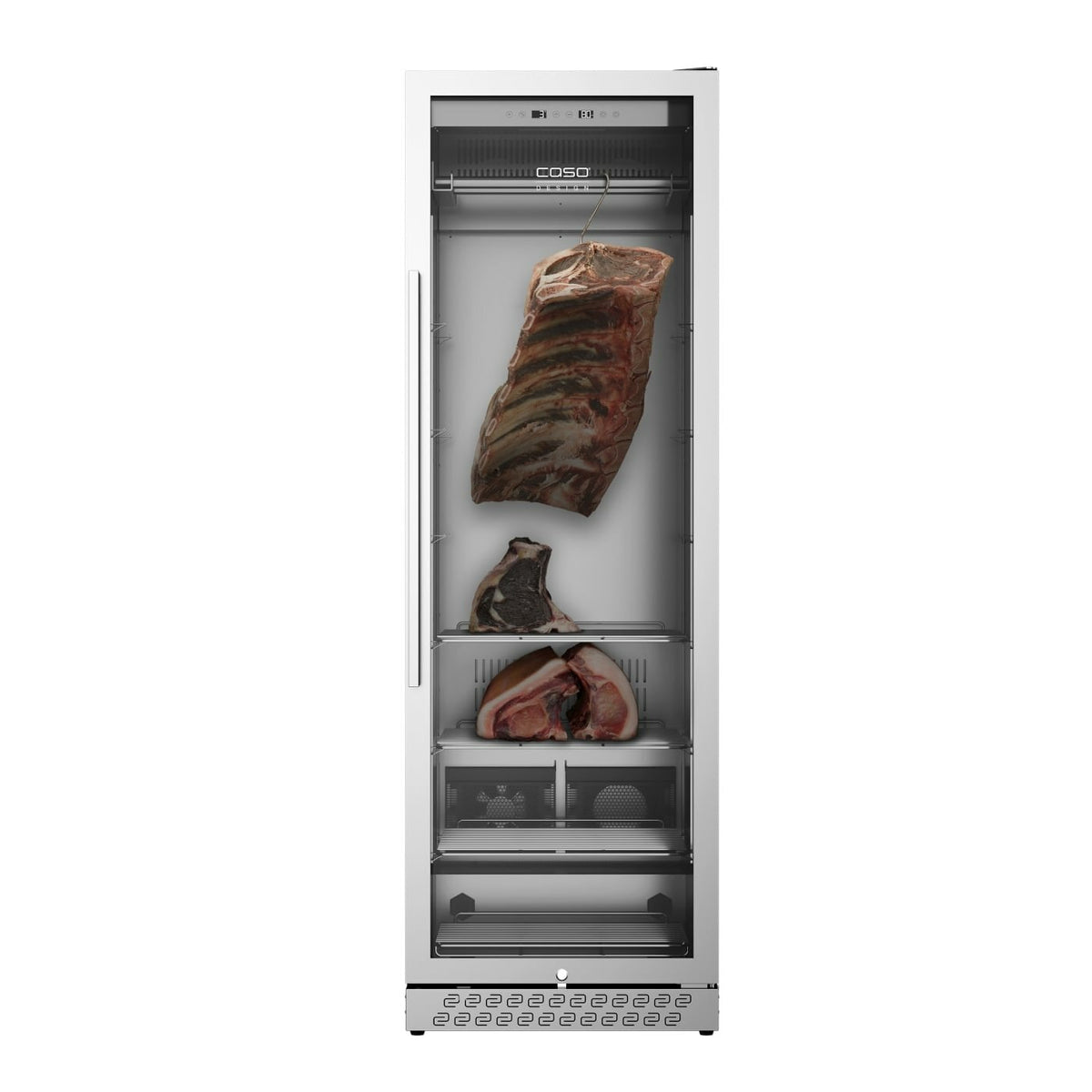 Caso DryAged Master 380 Pro Tørrmodningsskap 380L er et vertikalt kjøleskap for tørrmodning med en gjennomsiktig dør, som viser flere store kjøttstykker som er plassert på hyllene.