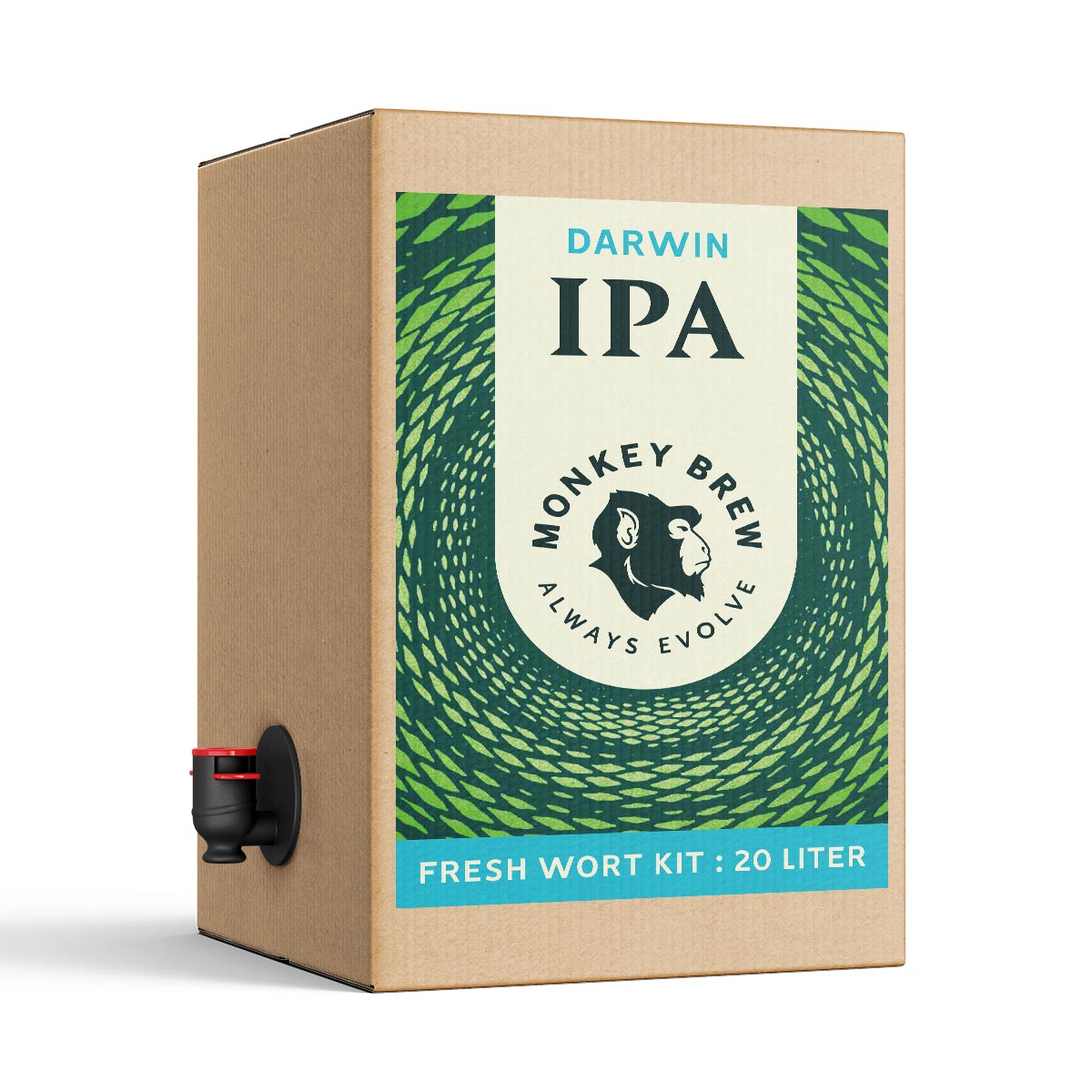 Monkey Brew Darwin IPA - 20L Fresh Wort Kit fra Monkey Brew leveres i en eske med en kran og stilisert apegrafikk på en grønnmønstret bakgrunn. Ideell for IPA hjemmebrygging. Tekst: Fresh Wort Kit: 20 liter.