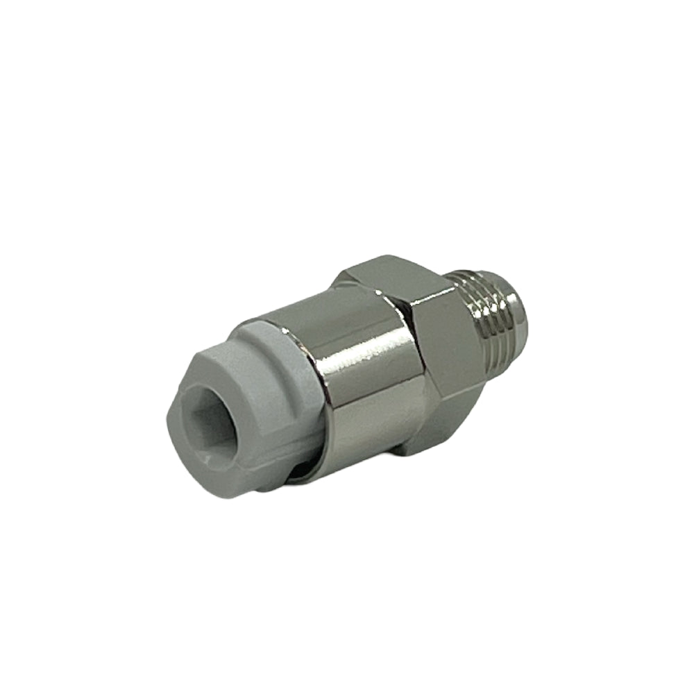 Oxyturbo Reserve PRV sikkerhetsventil til CO2-regulator (3 bar) er en pneumatisk armatur av metall med gjenget ende og grå plastkontakt, vist på hvit bakgrunn.