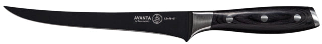 Messermeister Bennie Kendrick Fillet Kniv med svart håndtak med tre nagler og et buet, smalt blad.