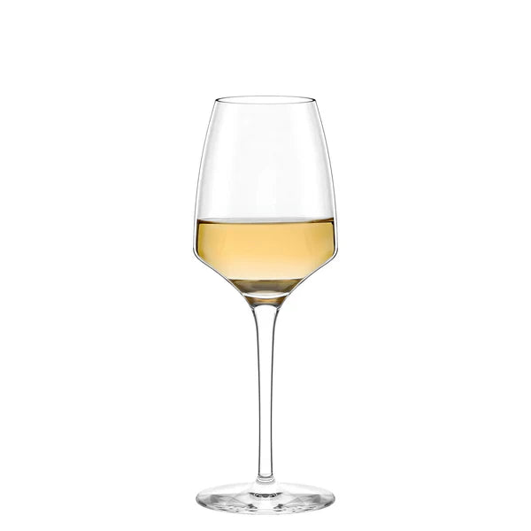 Et Stölzle Lausits Experience White Wine vinglass 285 ml fra 6-delers settet er fylt med hvitvin og plassert mot en vanlig hvit bakgrunn.