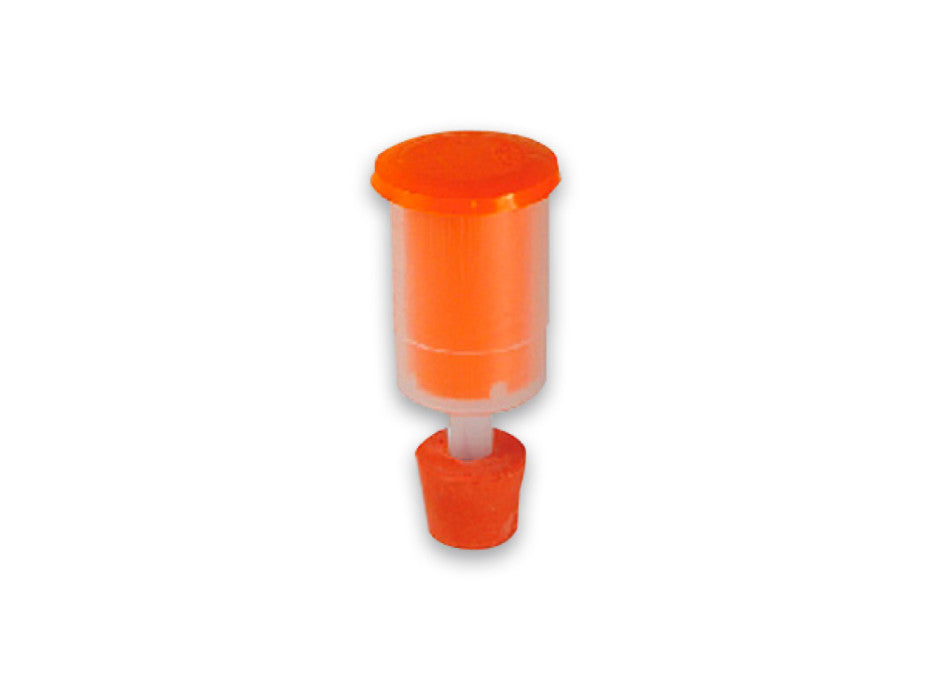 En oransje flasketoppdispenser i plast med slange, hette og sokkel til bruk med Speidel FO1 300L gjæringstank med flytende lokk - komplett (Bestillingsvare), fra Speidel, isolert på en hvit bakgrunn.