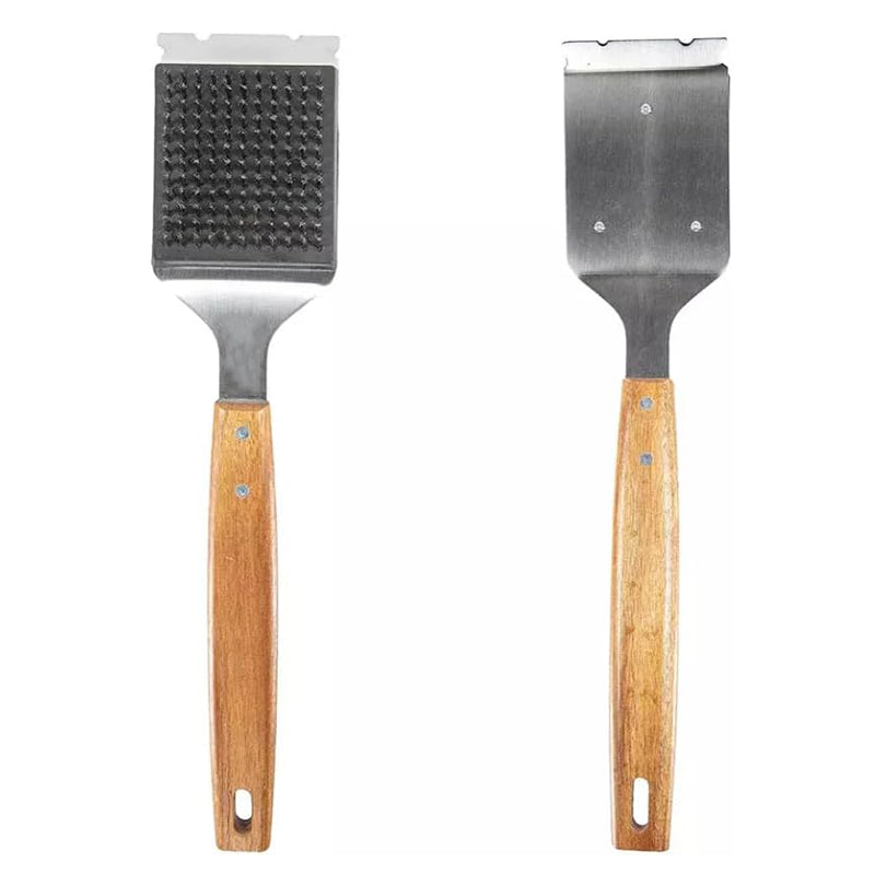 Grillbørste med skrape i rustfritt stål har solid treskaft, børste med stålhår og flat skrapekant - alt du trenger for effektiv grillrengjøring.
