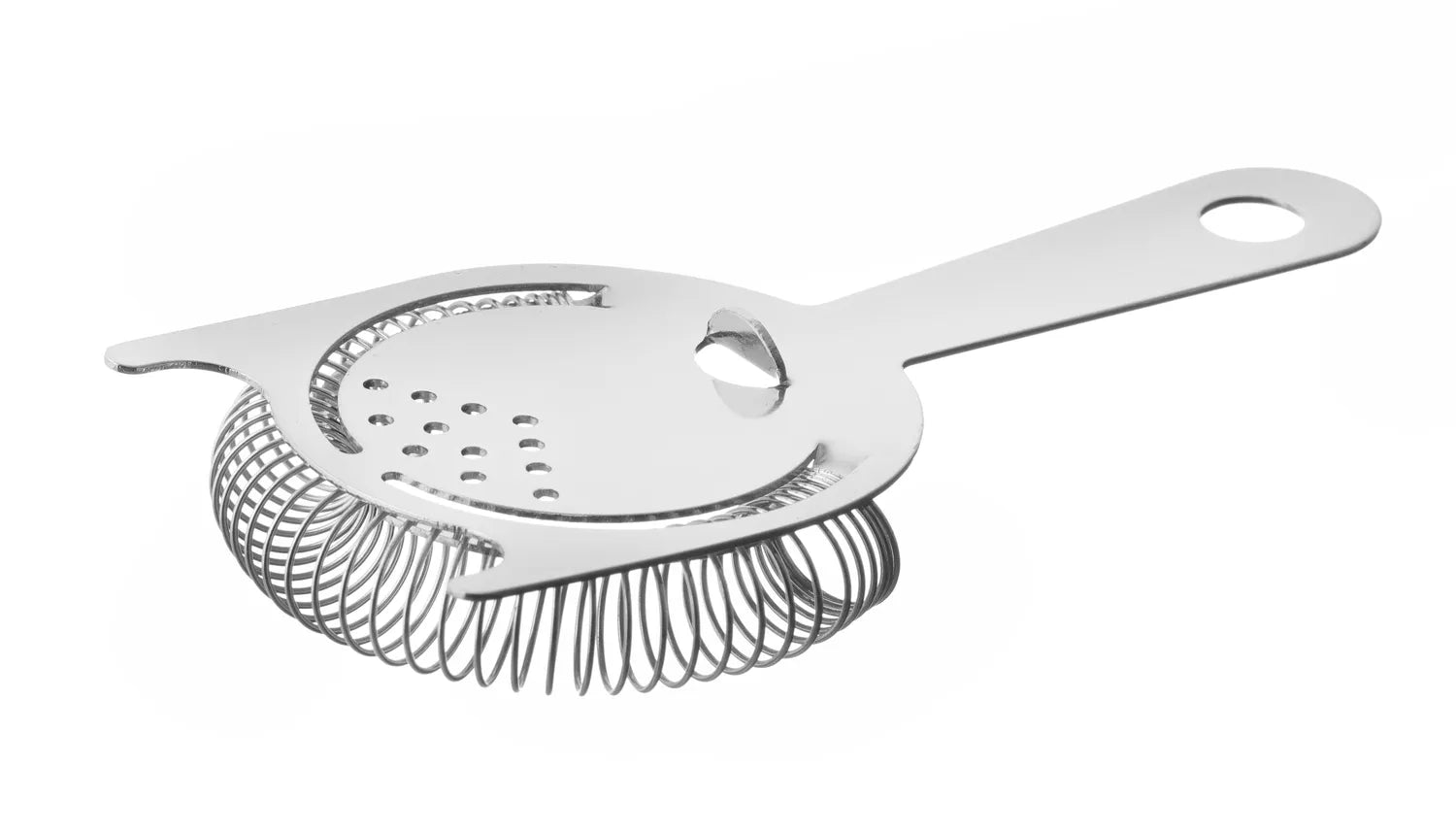 Hendi Hawthorne Strainer er laget av rustfritt stål med fjærspiral og perforert plate, og brukes av bartendere til å sile drinker. Avbildet på hvit bakgrunn.