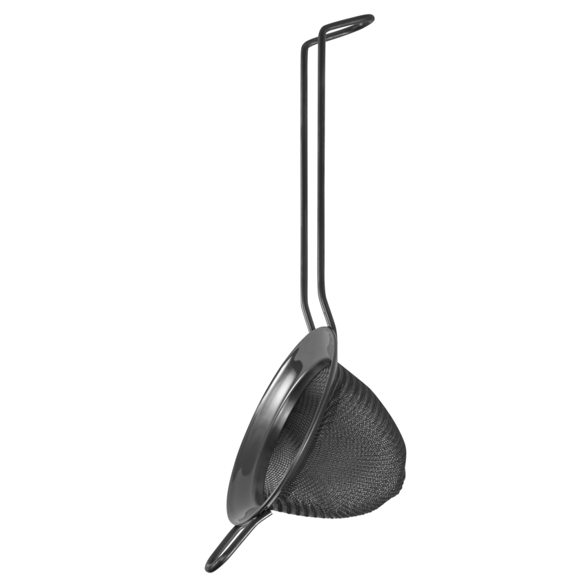 Lurch Fin Cocktailsil, laget av rustfritt stål, har et fint trådnett og et langt håndtak, og er avbildet mot en ensfarget hvit bakgrunn.