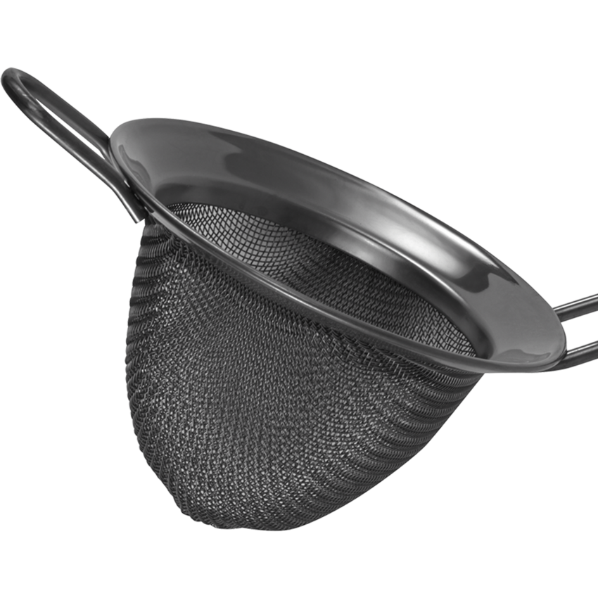 Et nærbilde av Lurch Fin Cocktailsil viser den svarte silen med en kant av rustfritt stål og to håndtak, fotografert mot en ensfarget hvit bakgrunn. Dette praktiske barverktøyet er perfekt for å tilberede cocktailer med presisjon og stil.