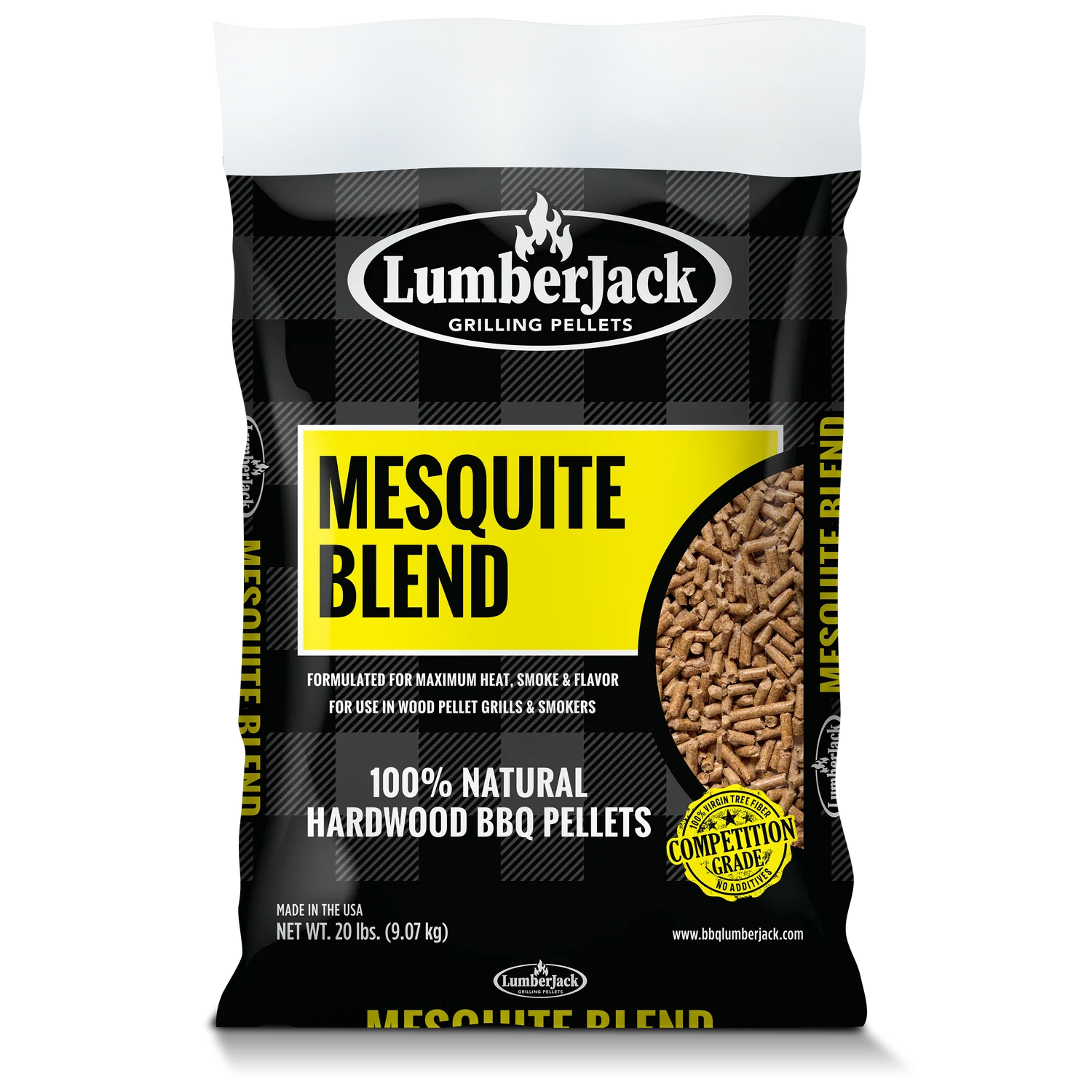 LumberJack Mesquite Blend BBQ Grilling Pellets 9 kg, laget av 100 % naturlig løvtre, er ideelle for trepelletsgriller og røykere, og gir en kraftig mesquite-smak til grillen din.