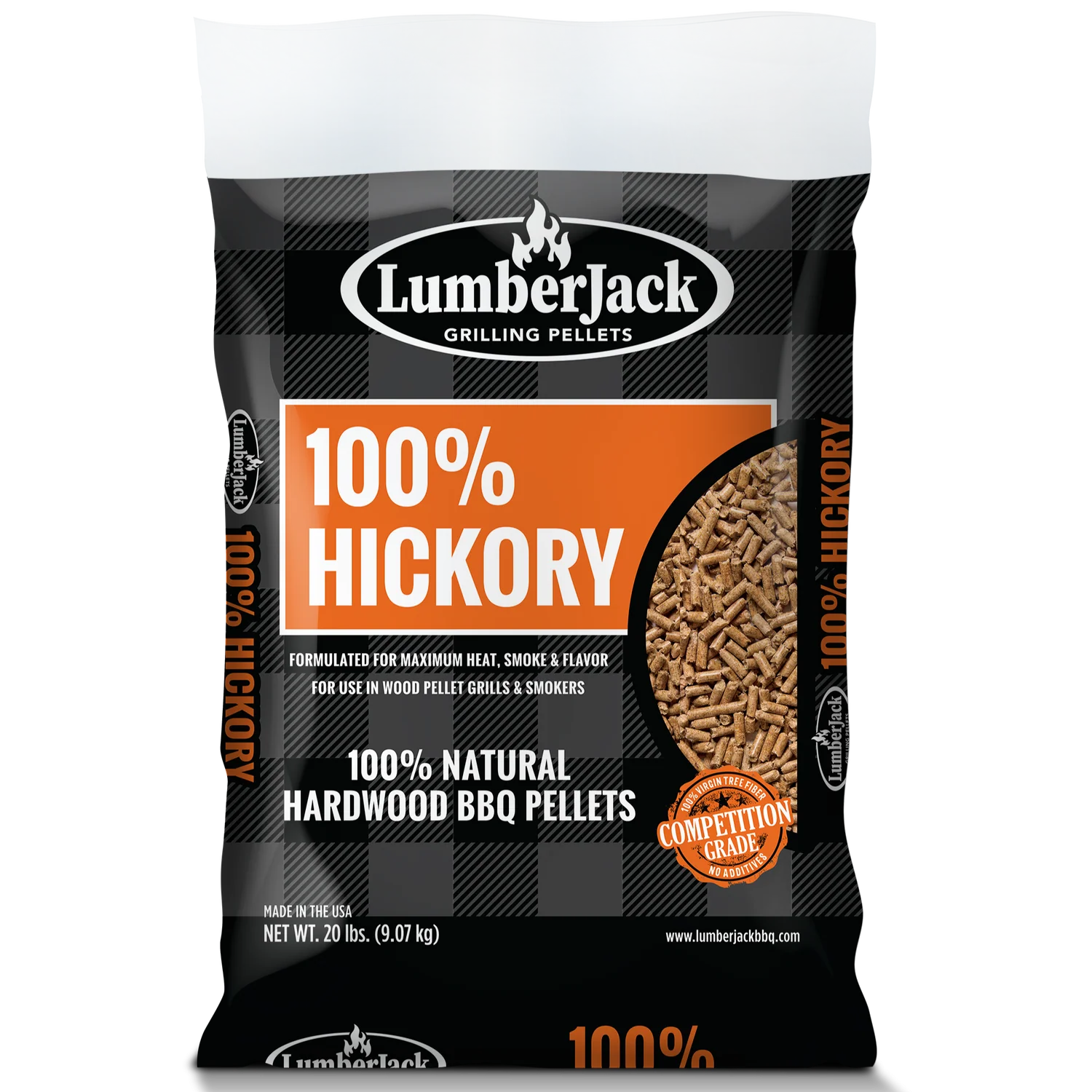 En 9 kg stor pose med LumberJack 100 % hickory BBQ-grillpellets av konkurransekvalitet, produsert i USA, gir autentisk BBQ-smak til grilling og røyking.