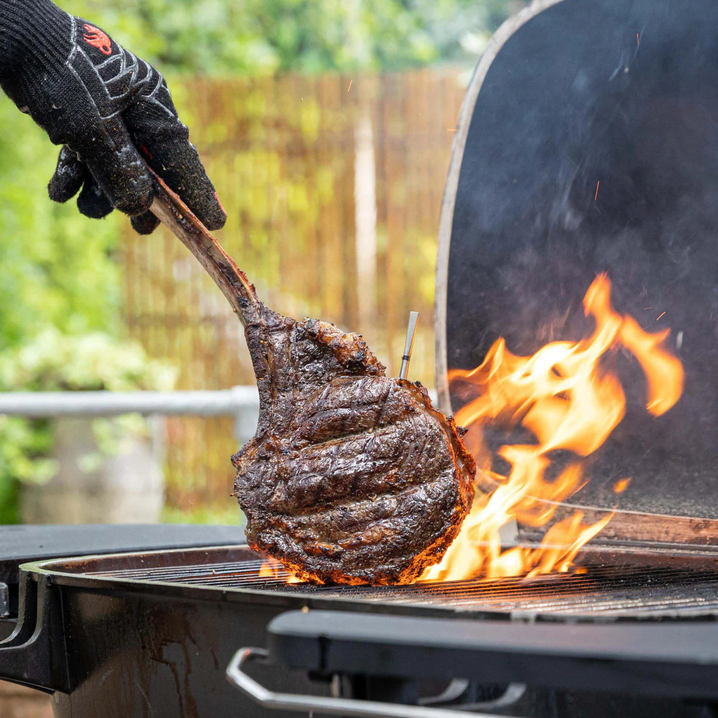 En hanskekledd hånd holder en grillet tomahawk-biff over åpne flammer, og demonstrerer presisjonen til Traeger Meater Pro - Bluetooth steketermometer.