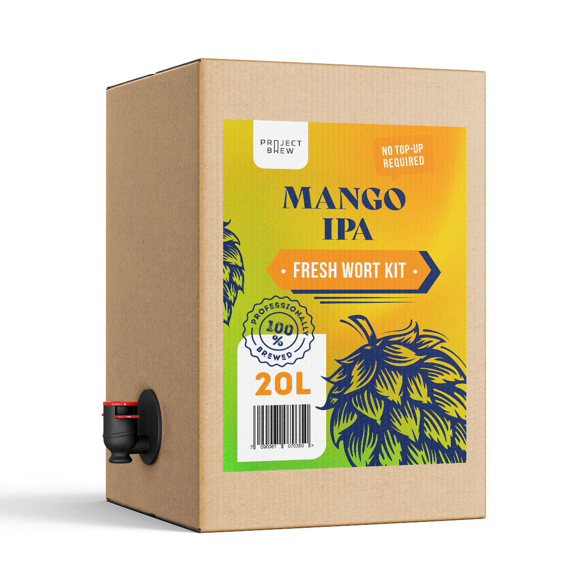 Mango IPA - 20L Fresh Wort Kit kommer i en eske med kran og en fargerik etikett som viser humle og bryggeinformasjon.