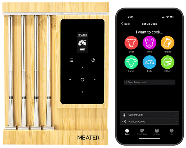 Traeger Meater Pro XL - WiFi-steketermometer med fire prober vises ved siden av en smarttelefon som viser MEATER-appens kjøttvalgskjermbilde, med storfekjøtt, svinekjøtt, fjærkre, lam, fisk og mer.