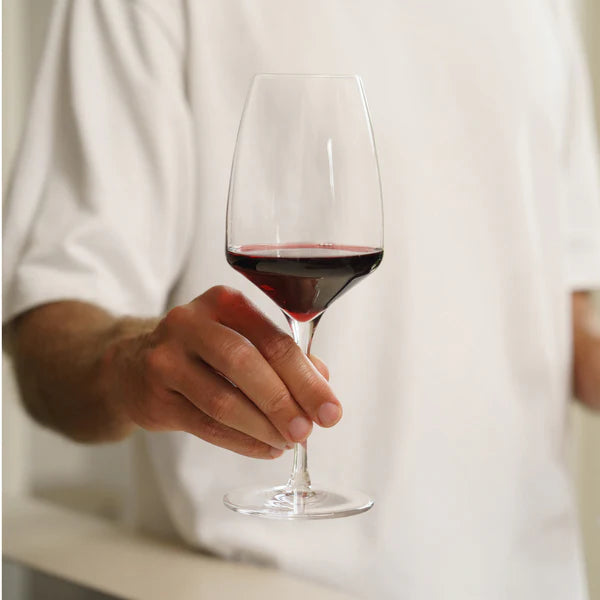En person i hvit skjorte holder et Stölzle Lausitz Experience Red Wine vinglass 450 ml, fylt med rødvin, sett fra skuldrene og ned.