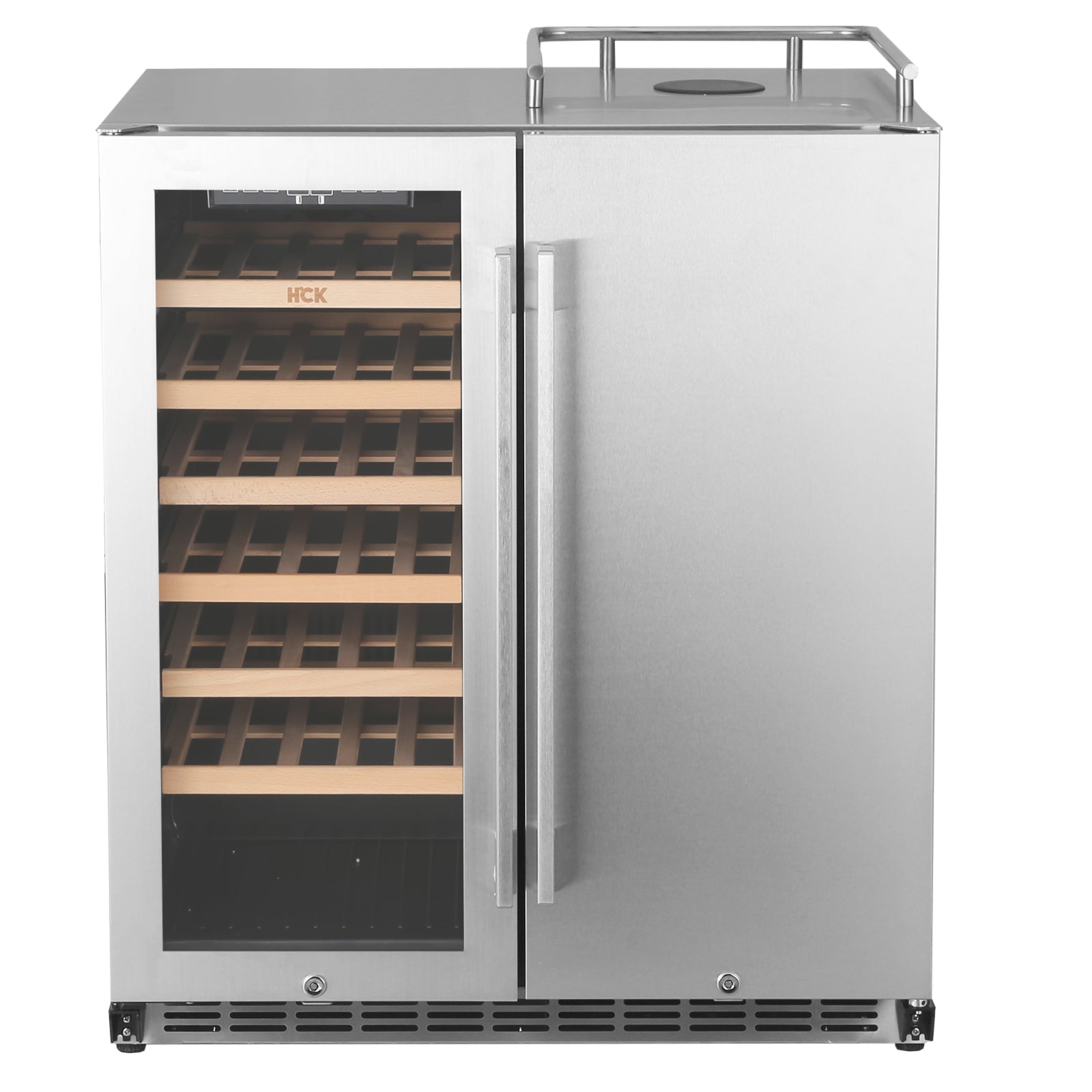 HCK Vinskap & Kegerator - Kun kjøleskap uten tårn har en elegant sølvfarget design med åpen dør, som avslører romslig oppbevaringsplass for drikkevarer og enkel tilgang.
