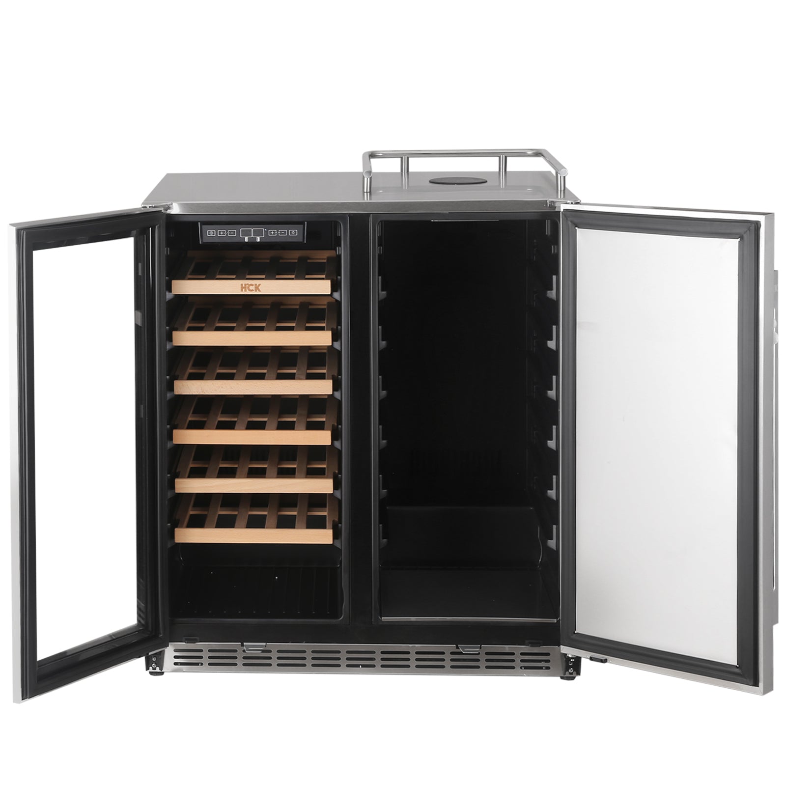 HCK Vinskap & Kegerator - Kun kjøleskap uten tårn har to soner med elegante trehyller til venstre og åpen plass til høyre - ideelt for stilfull organisering av vinsamlingen din.
