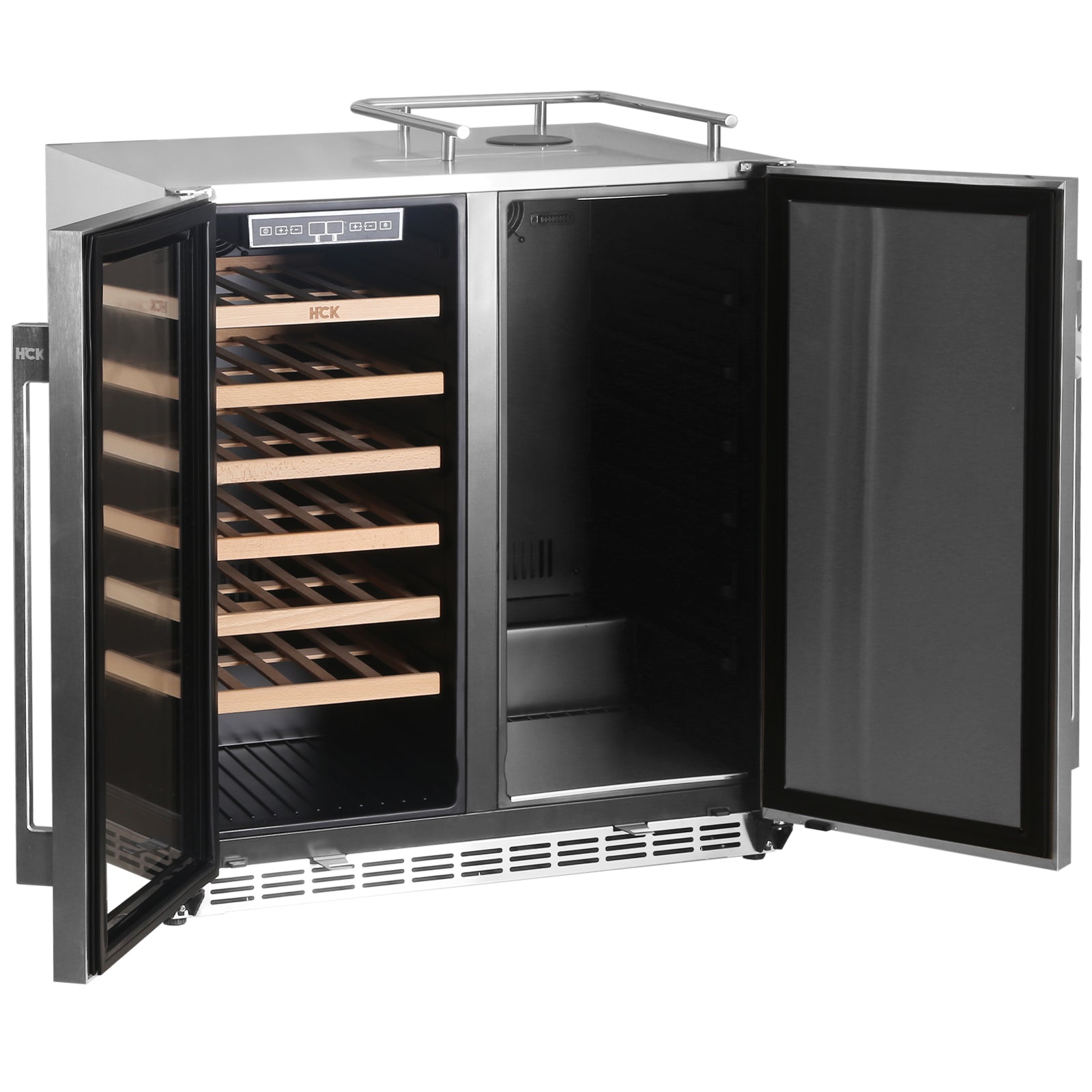HCK Vinskap & Kegerator - Kun kjøleskap uten tårn er en tosoneenhet i rustfritt stål med begge dørene åpne, med trehyller på venstre side og åpen oppbevaringsplass på høyre side.