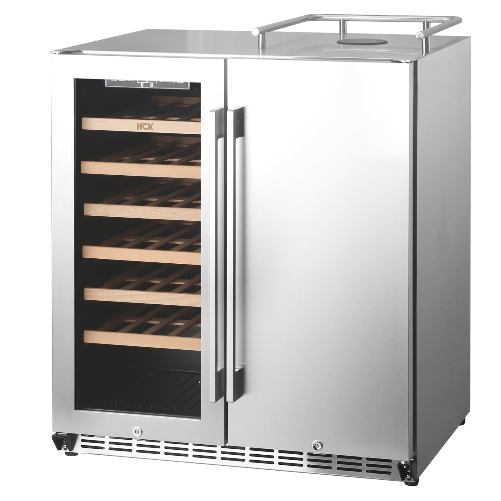 HCK Vinskap & Kegerator - Kun kjøleskap uten tårn er en enhet i rustfritt stål med to soner og to dører: Den ene siden har trehyller for vin, mens den andre fungerer som kjøleskap.