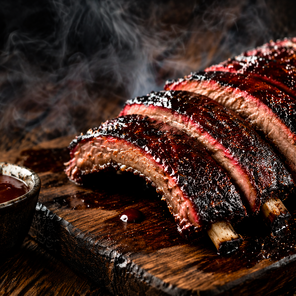 Nærbilde av St. Louis Style Spareribs USA (Kr 380 per kg) på et trebrett med barbecuesaus og synlig røyk i bakgrunnen, som perfekt fanger essensen av amerikansk BBQ.