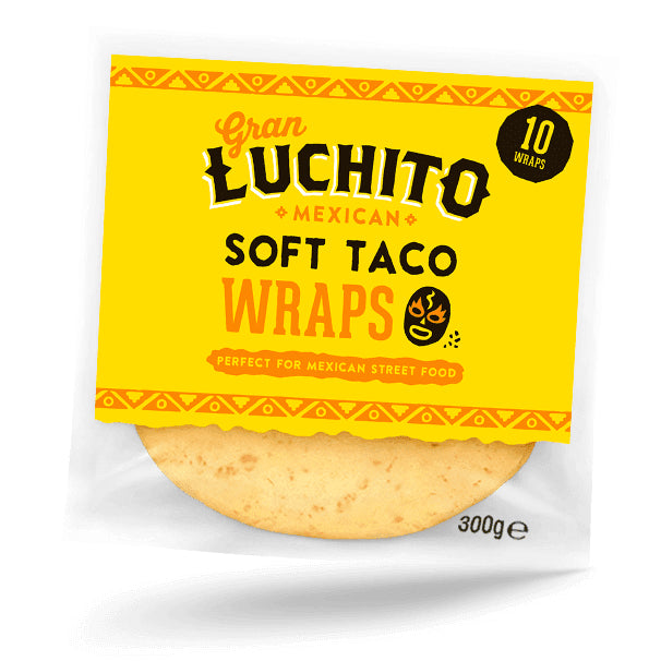 Gran Luchito Soft Taco Wraps 300 g inneholder 10 smakfulle hvetetortillaer, som er lette å kjenne igjen på den gule etiketten og de synlige innpakningene – perfekte for å lage autentisk meksikansk gatemat hjemme.