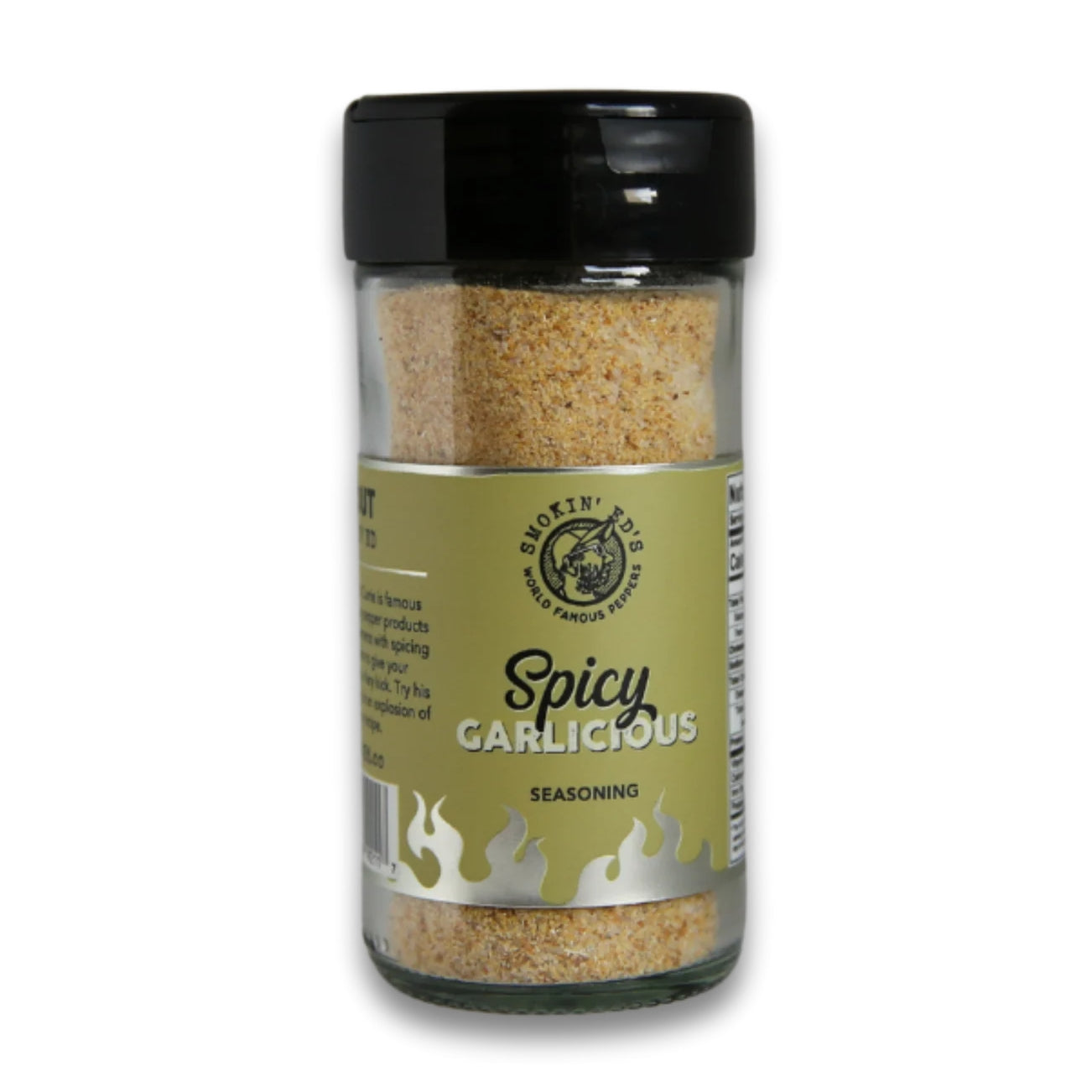En klar glasskrukke med svart lokk, merket Smokin´ Ed´s Spicy Garlicious Seasoning fra PuckerButt Pepper Company, inneholder en lysebrun blanding av hvitløkskrydder og den intense heten fra Pepper X.
