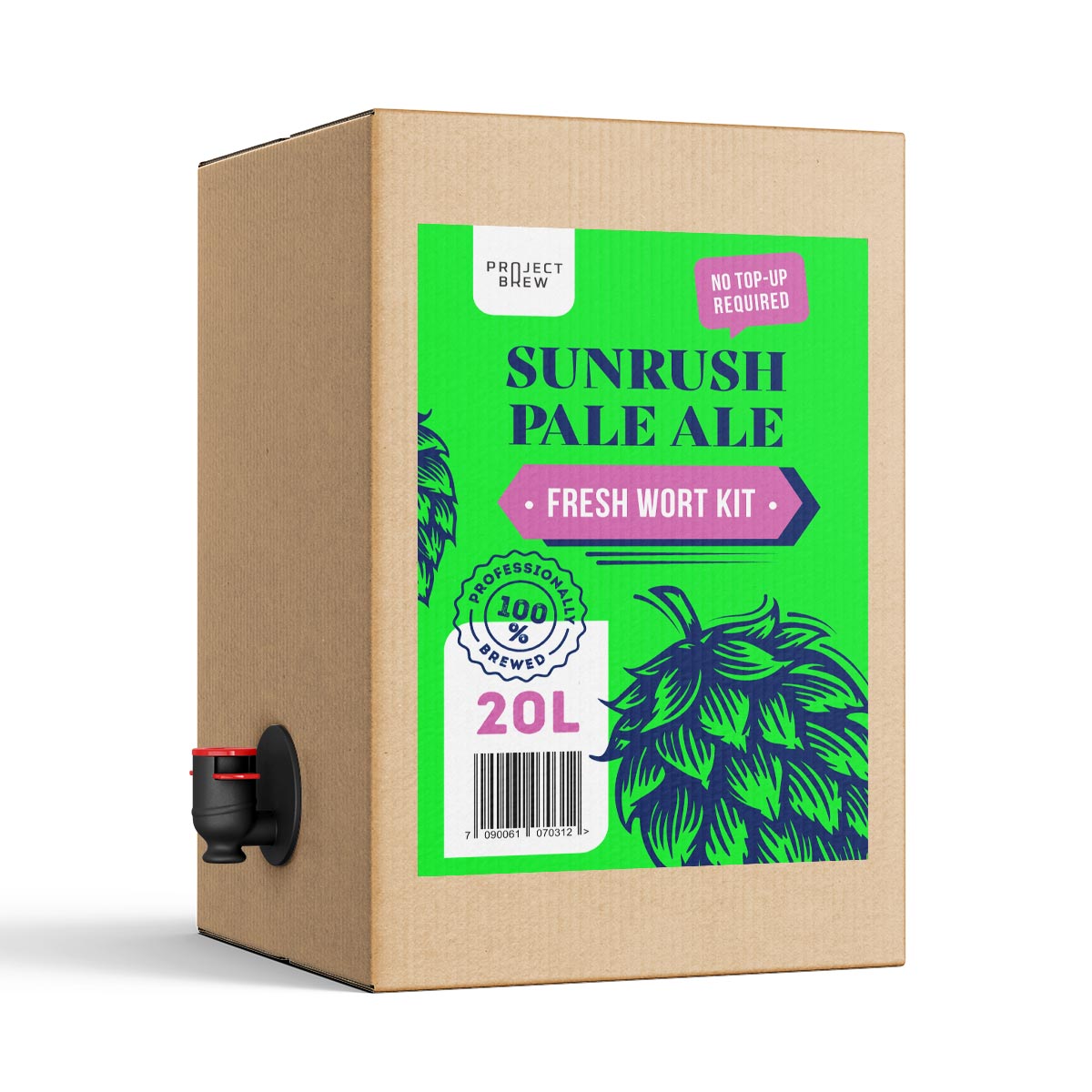 En 20 liters pappeske merket Project Brew Sunrush Pale Ale - 20L Fresh Wort Kit, med Ebbegarden Kveik-gjær, med sidetut og levende grønn og lilla grafikk på forsiden.