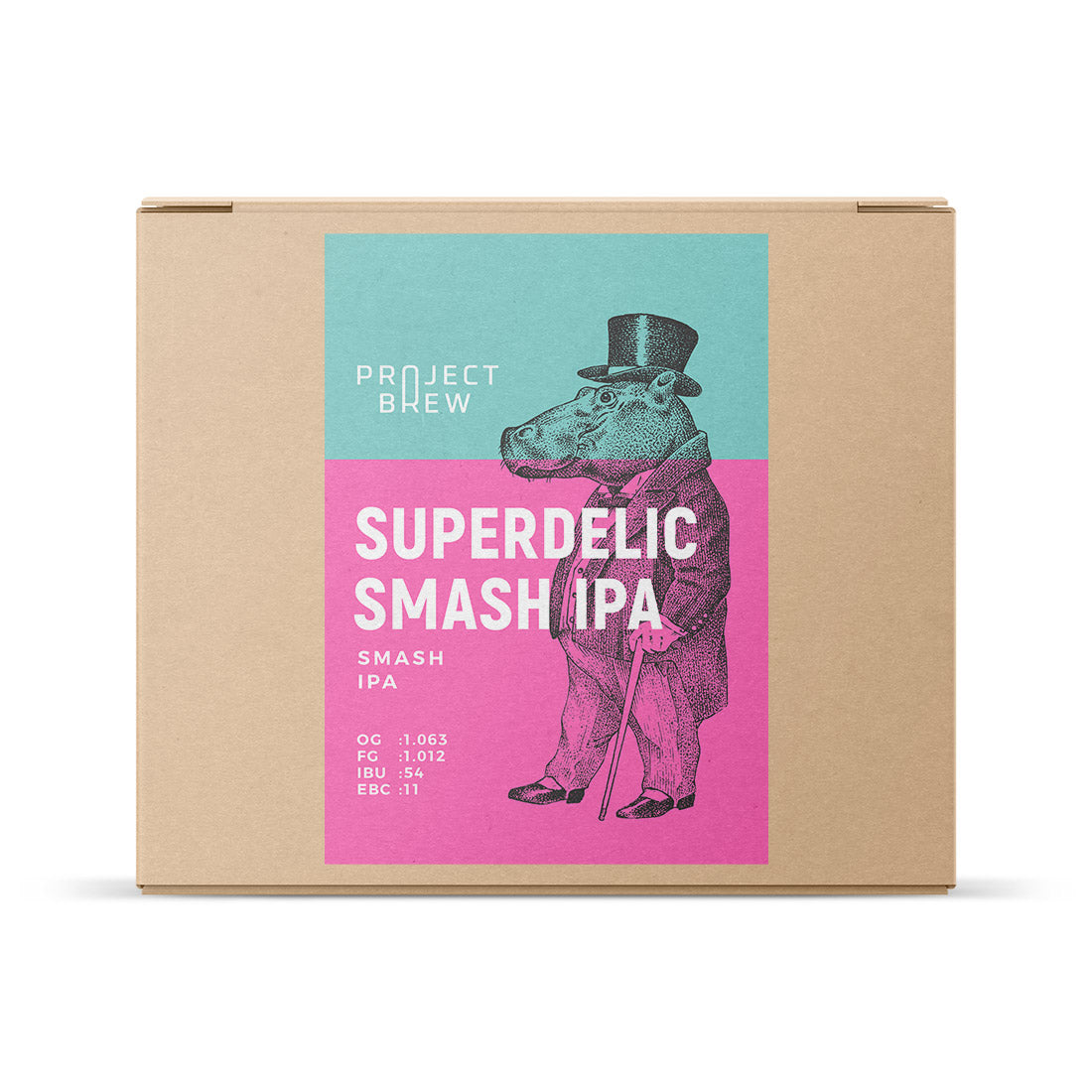 En fargerik etikett med en flodhest i dress og flosshatt reklamerer for Project Brews Superdelic SMaSH IPA - ølsett brygget med humle fra New Zealand.